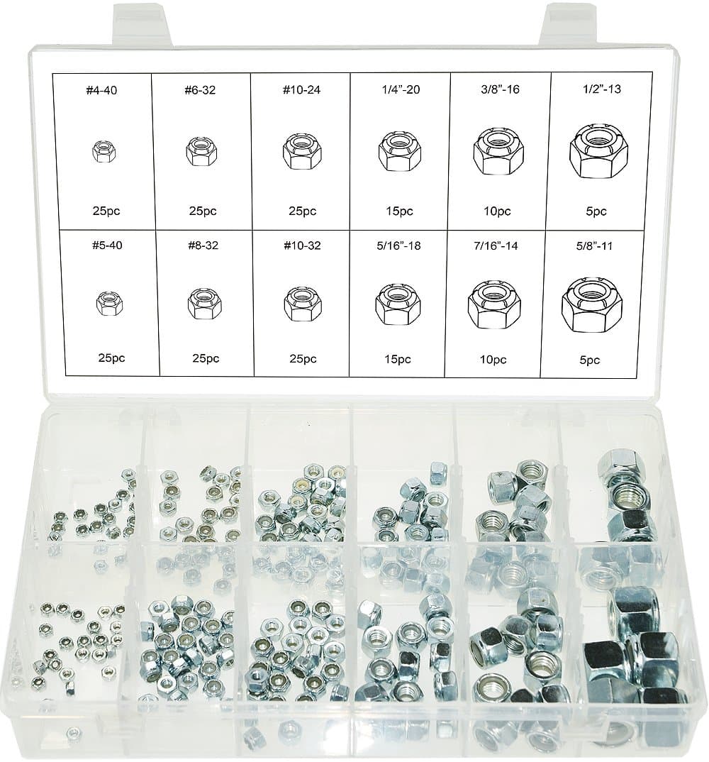 Swordfish 30330-210pcs Nylon Insert Lock Nut Assortment 12 Sizes from #4-40 to 5/8"-11 Zinc Plated Steel