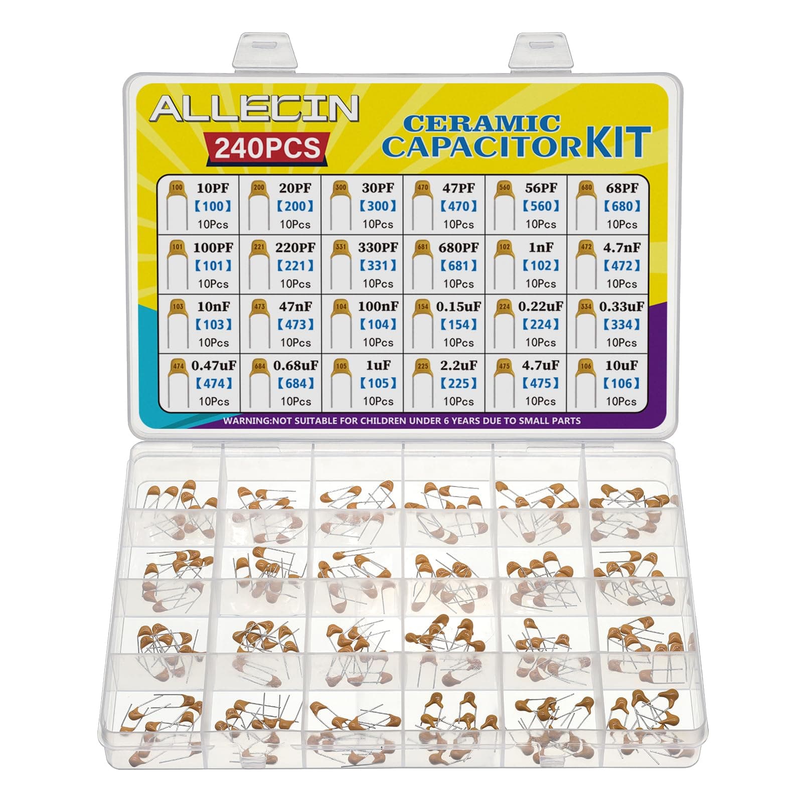 24 Values Monolithic Ceramic Capacitor Assortment Kit 10pF 20pF 30pF 47pF 56pF 68pF 100pF 220pF 330pF 680pF 1nF 4.7nF 10nF 47nF 100nF 0.15uF 0.22uF 0.33uF 0.47uF 0.68uF 1uF 2.2uF 4.7uF 10uF