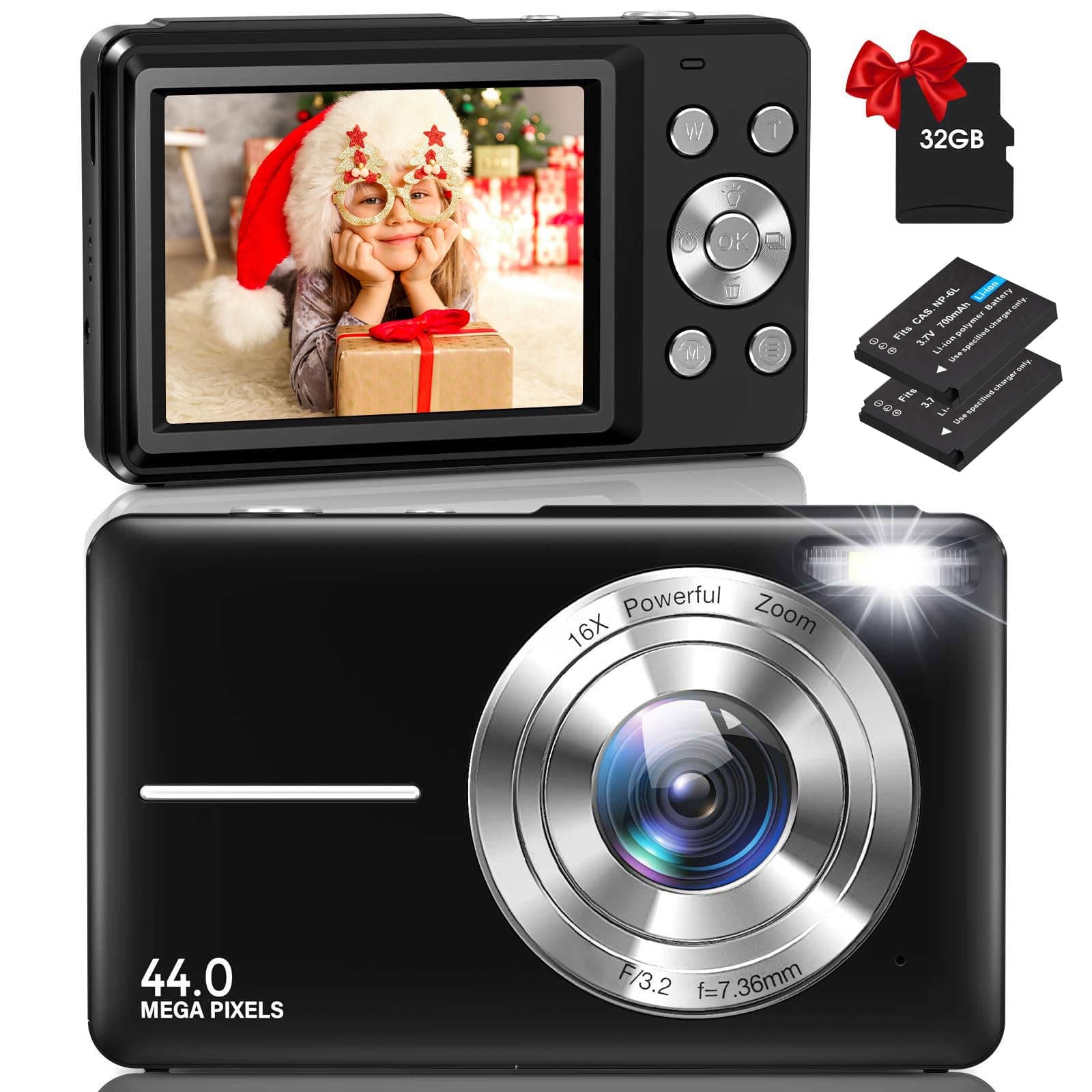 Digital Camera, Vlogging Camera Rechargeable Digital Cameras with 32G Memory Card FHD 1080P 44MP Compact Camera with 16X Digital Zoom, Portable Mini Camera with 2 Battery for Teens,Kids(Black)