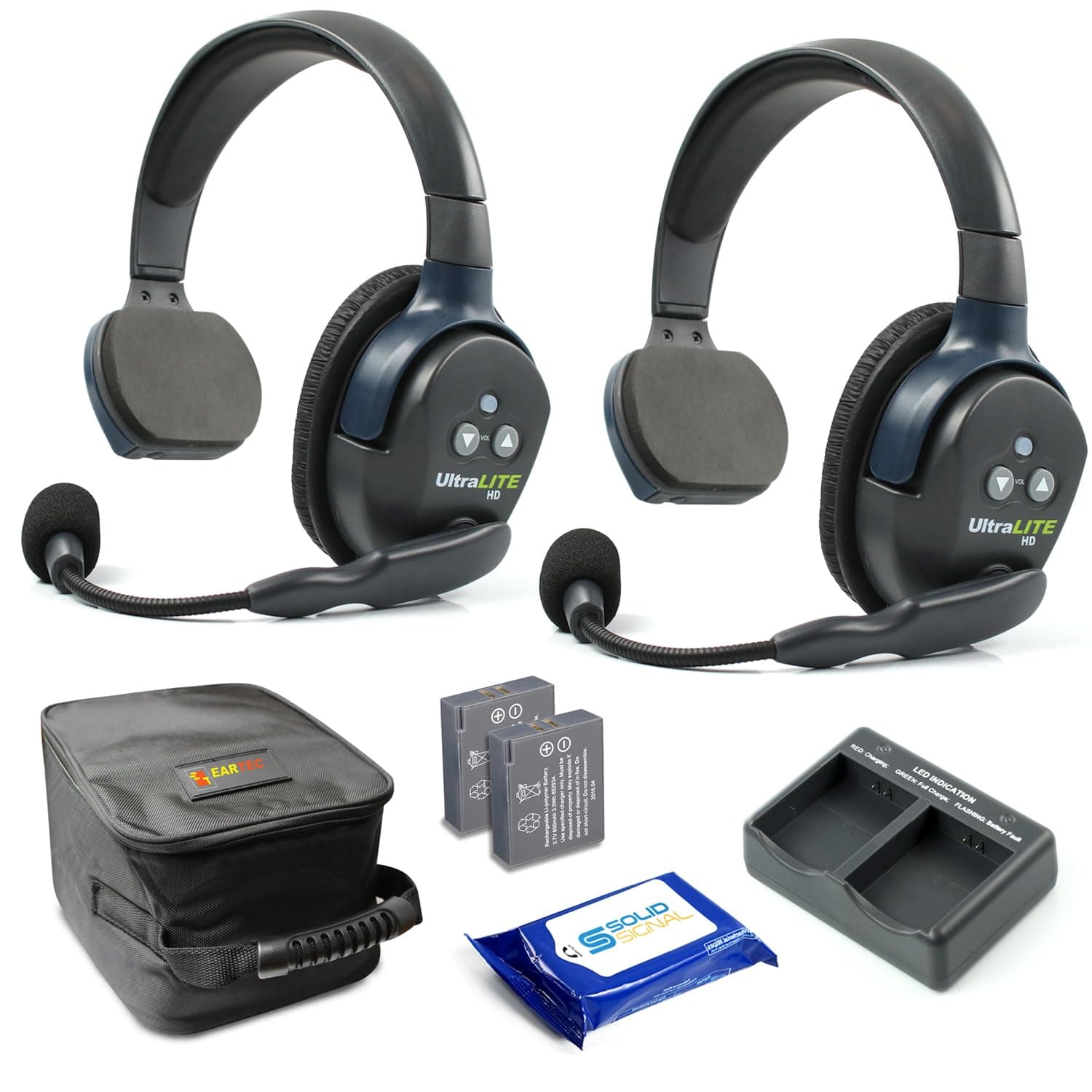 Eartec UL2S Ultralite Full Duplex Wireless Headset Communication for 2 Users - 2 Single Ear Headsets with SolidSignal Cleaning Wipes Bundle