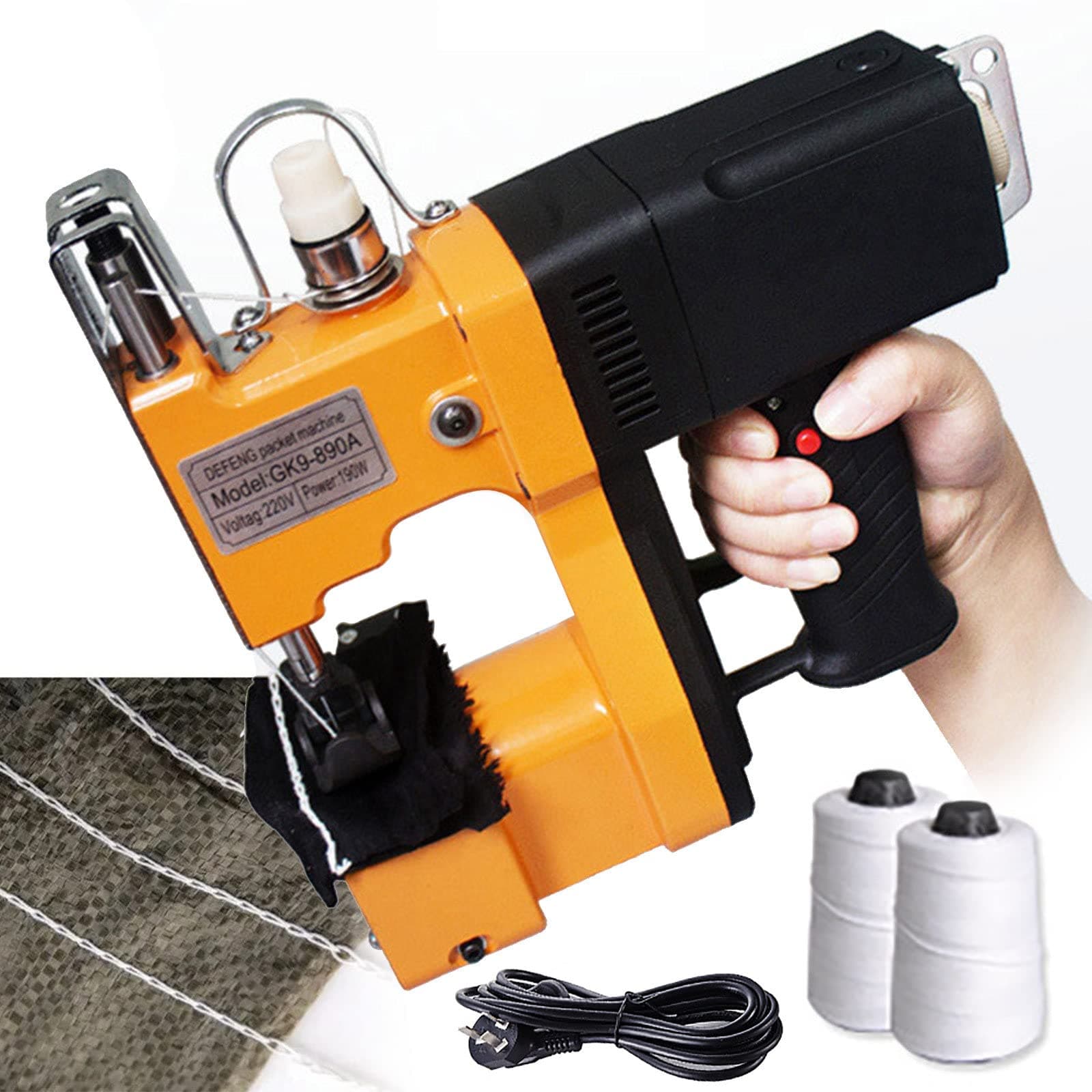 Electric Bag Closer Machine, Handheld Bag Stitcher with 2pcs Sewing Thread, Gauge 7.5-10mm; Sewing Thickness 0.2-10mm; for Rice/Sack/Woven/Paper/Plastic Bags