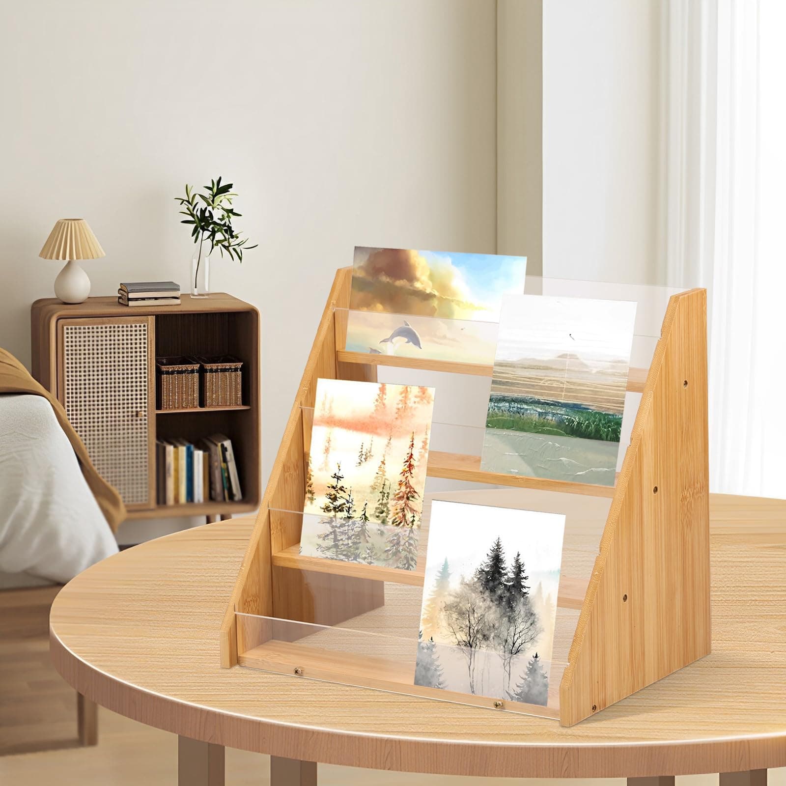Card Display Stand 4 Tier Leaflets Greeting Card Display Multifunctional Bamboo and Acrylic Craft Fair Retail Show Rack Book Rack for Postcard Brochure Photos