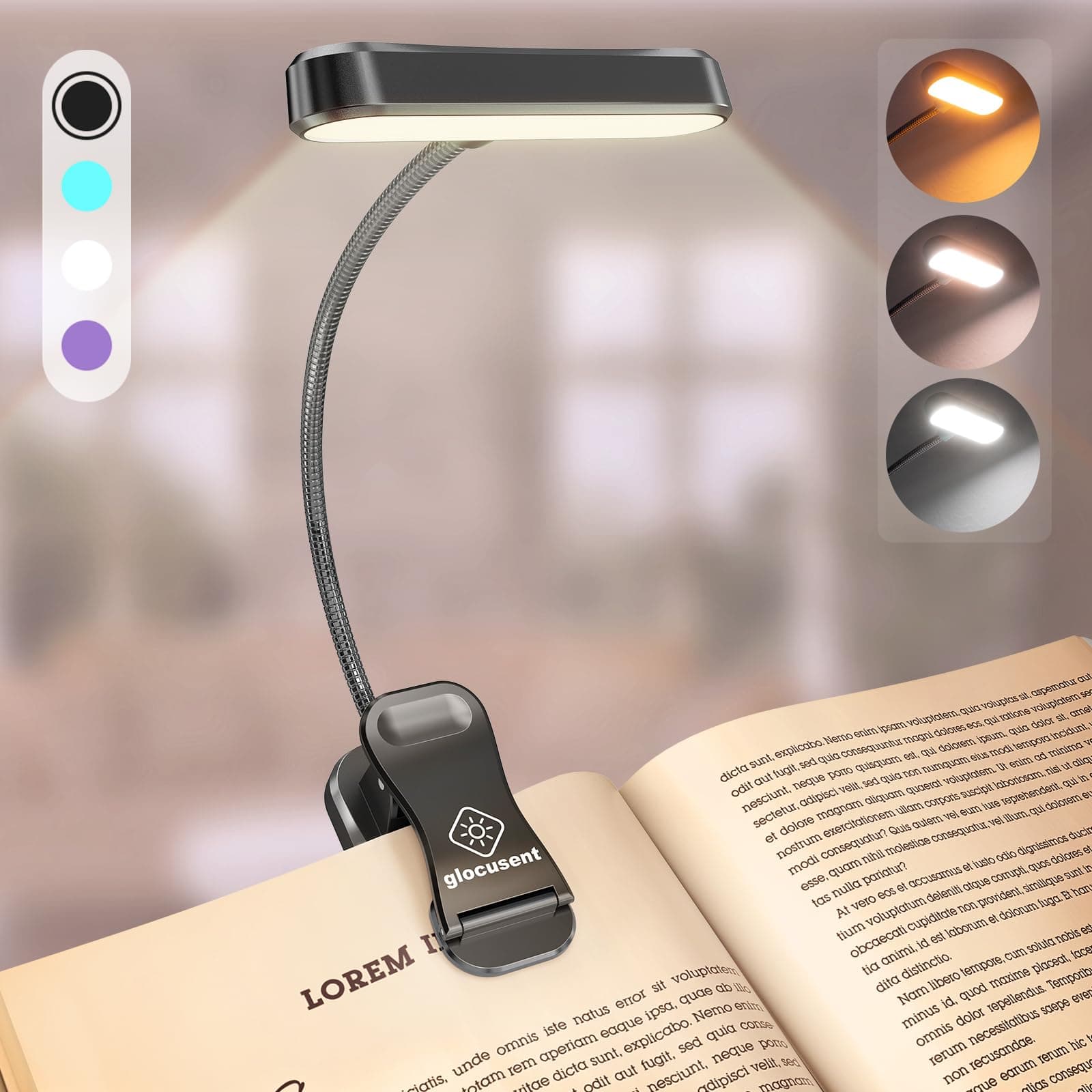 Glocusent Horizontal ET-Head Book Light for Reading in Bed, Eye Caring, CRI 95, 3 Colors & 5 Brightness, Rechargeable Long Lasting Reading Light, 1.8Oz Lightweight & Portable, Perfect for Book Lovers