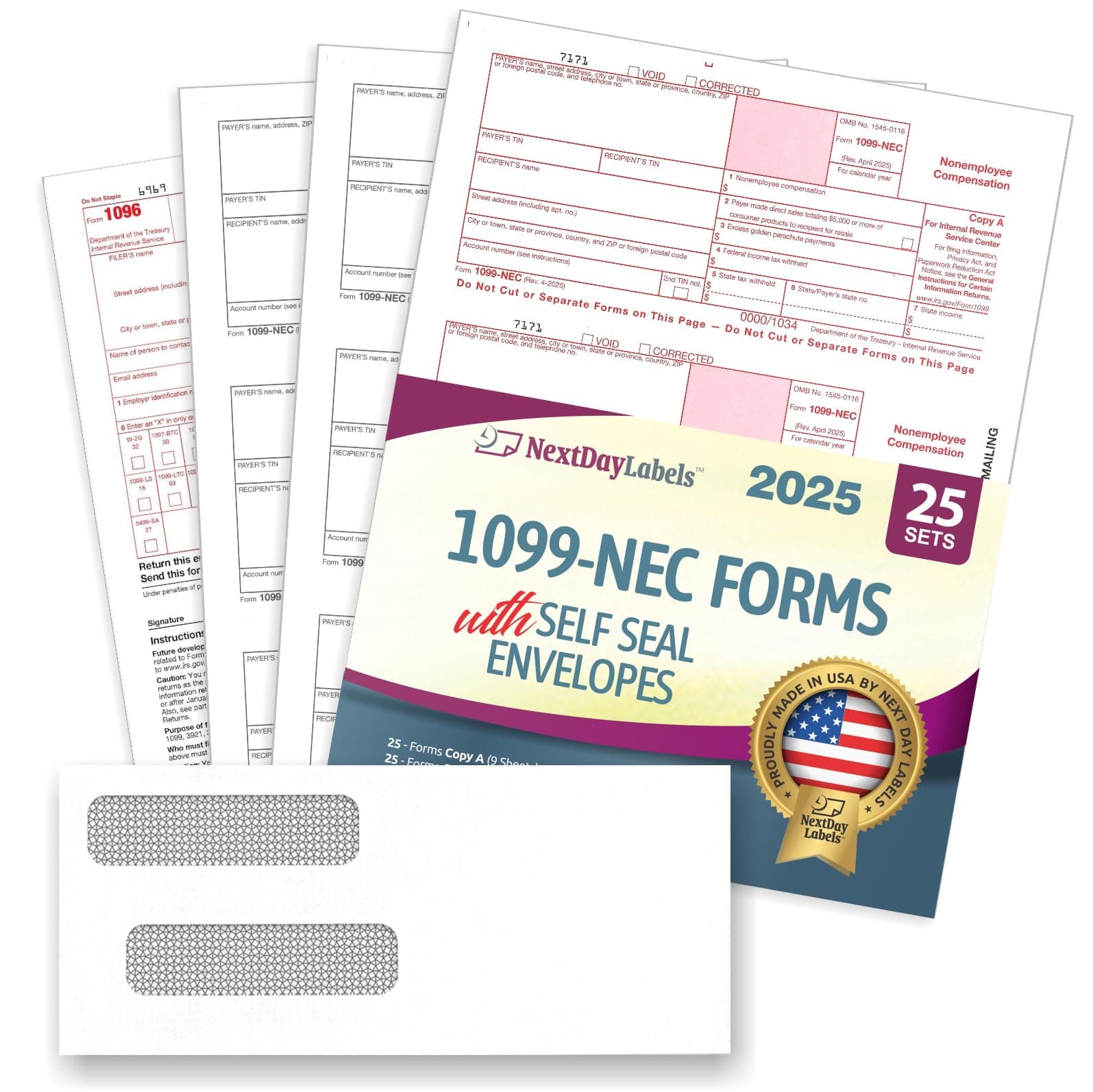Next Day Labels - 1099-NEC Forms for 2023, 4-Part Tax Forms, Vendor Kit of 25 Laser Forms and 25 Self-Seal Envelopes, Forms Designed for QuickBooks and Other Accounting Software
