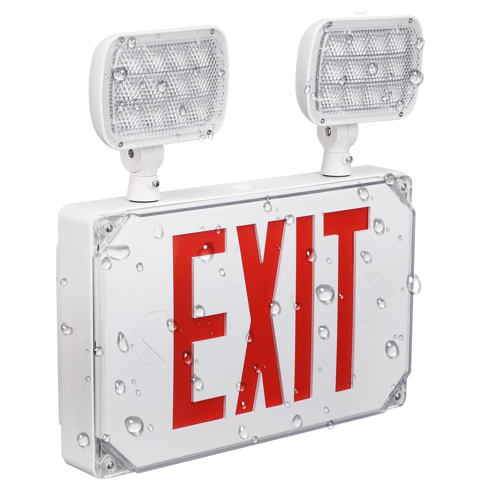 LEONLITE LED Exit Light, Wet Location Exit Sign with Emergency Lights, UL Listed, Outdoor Hardwired Red Letter Exit Sign with Battery Backup, 2 Dual Heads, Double Face, AC 120/277V, White