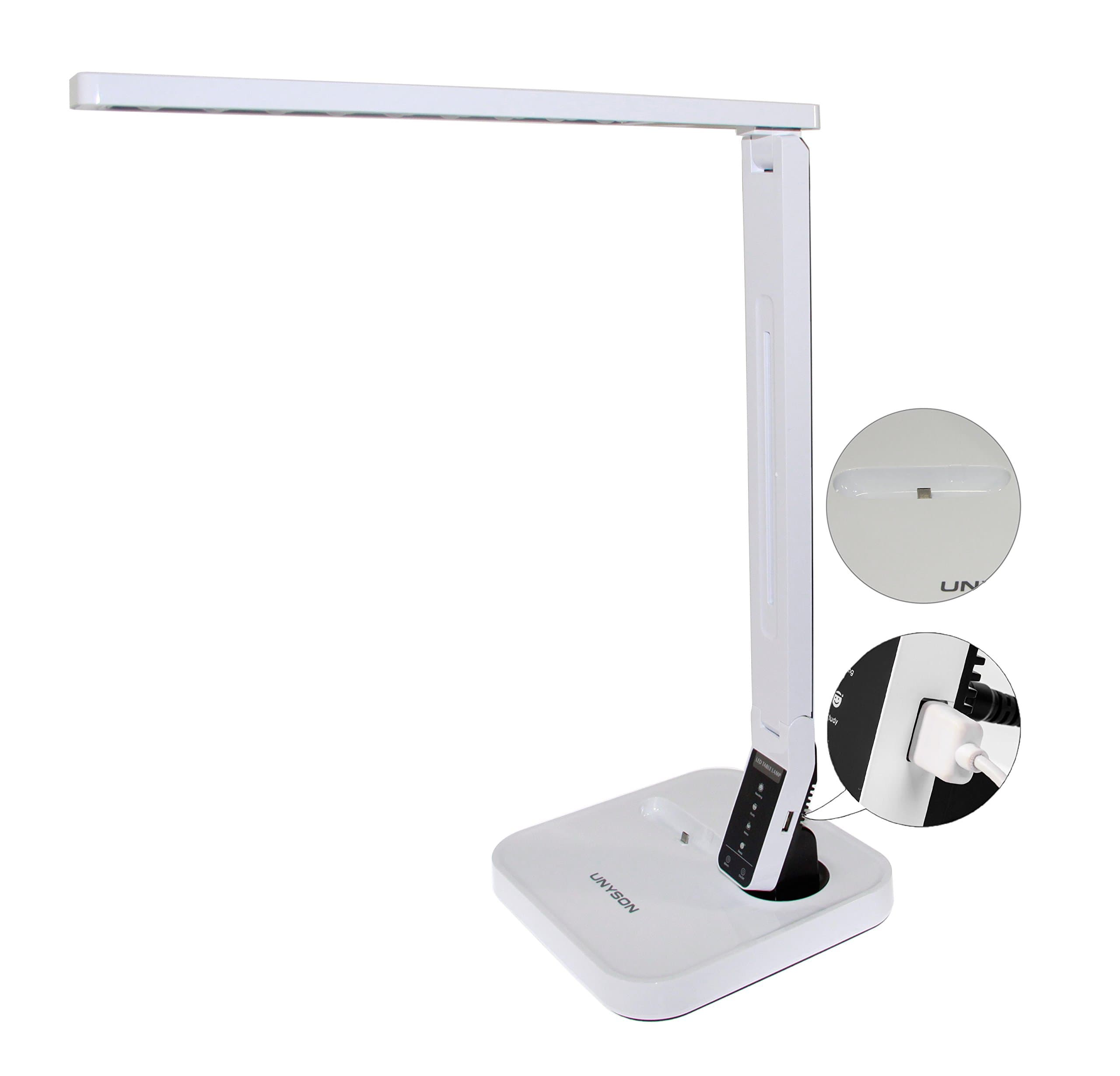 UNYSON 11W/ (50W Equivalent) USB Charging Socket LED Table/Desk Lamp, 4 Color Mode (Warm to Day Light), 9 Step Dimmer, 2 Body Color (UTL-400W)
