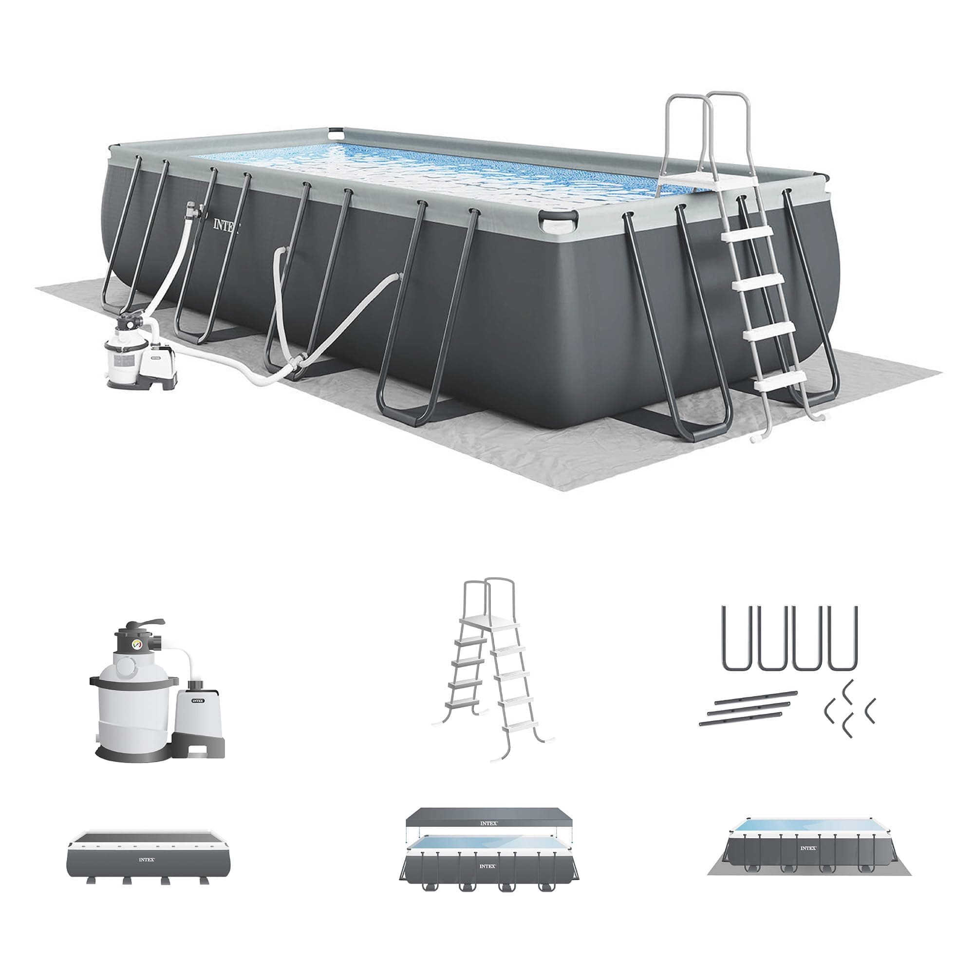 INTEX Ultra XTR 24 ft x 12 ft 52 in Above Ground Pool Set, Rectangular Swimming Pool with Steel Frame, 2100 GPH Sand Filter Pump, Ladder, Cover, & Ground Cloth