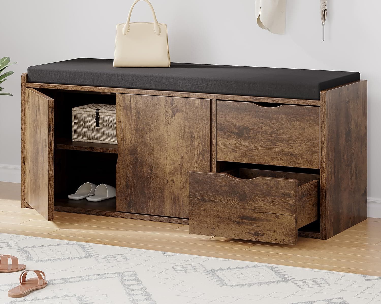 Entryway Shoe Bench, Rustic Storage Bench with Cushioned Seating, Long Hidden Shoe Organizer Bench with 2 Drawers, Industrial Wooden Shoe Benchs in Hallway Living Room Bedroom, Rustic Brown, 40in