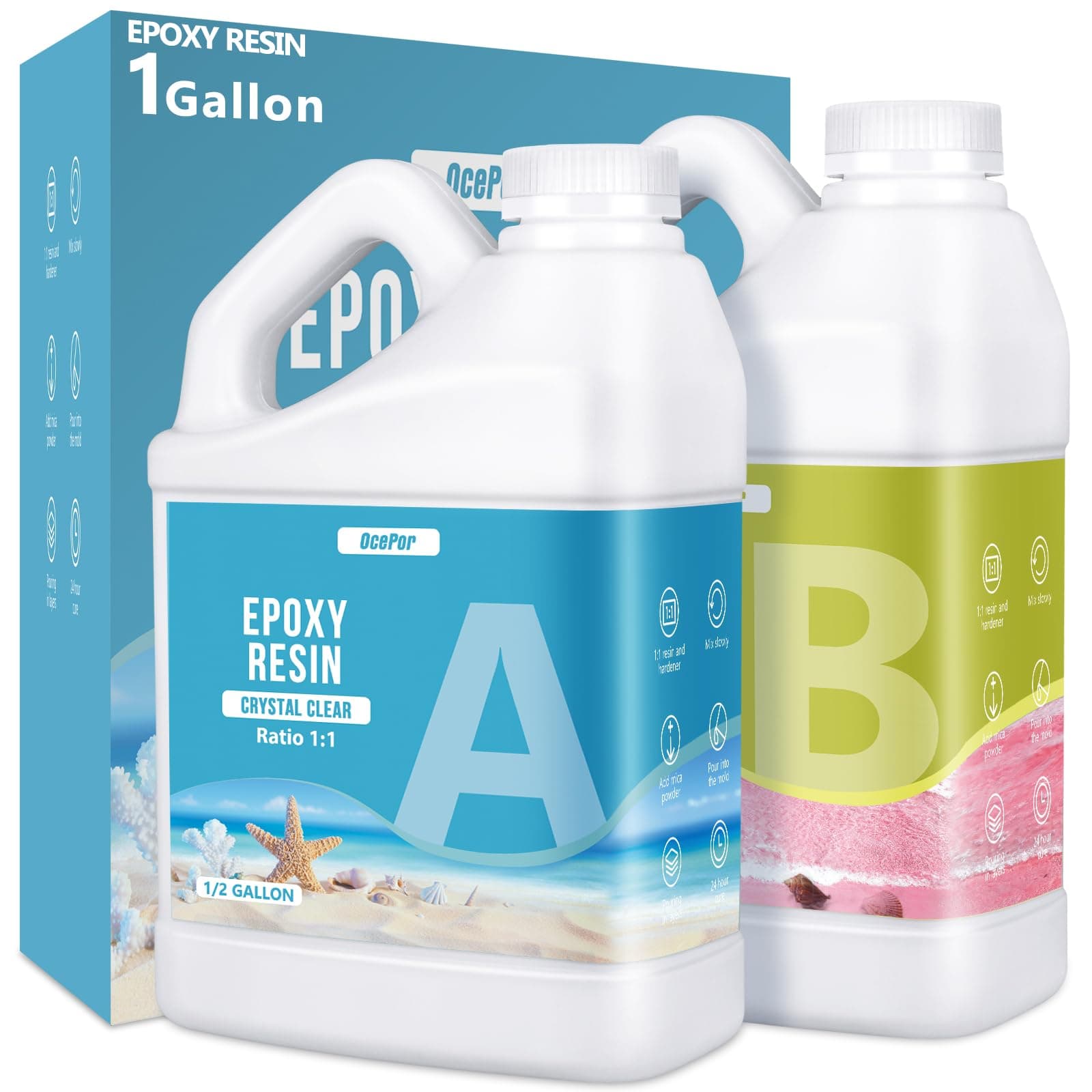 OcePor Epoxy Resin-1 Gallon, Crystal Clear Epoxy Resin Kit, No Yellowing No Bubble Art Resins Casting Resin for Art Crafts, Jewelry Making, Wood & Resin Molds(0.5 Gallon x 2)