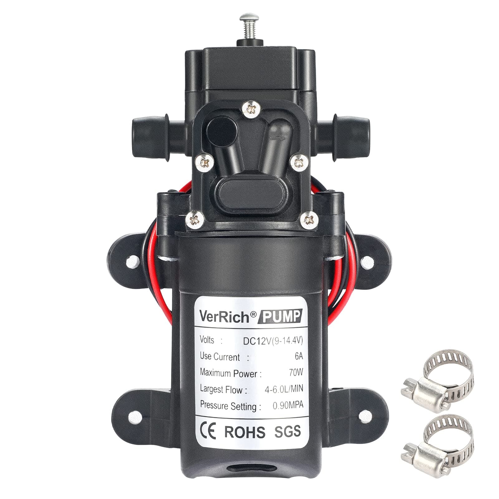 VerRich DC 12V Water Pump 70W 6A Diaphragm Pump Self Priming Sprayer Pump 6 L/Min 0.9MPA 131 PSI for RV Camper Marine Boat Garden