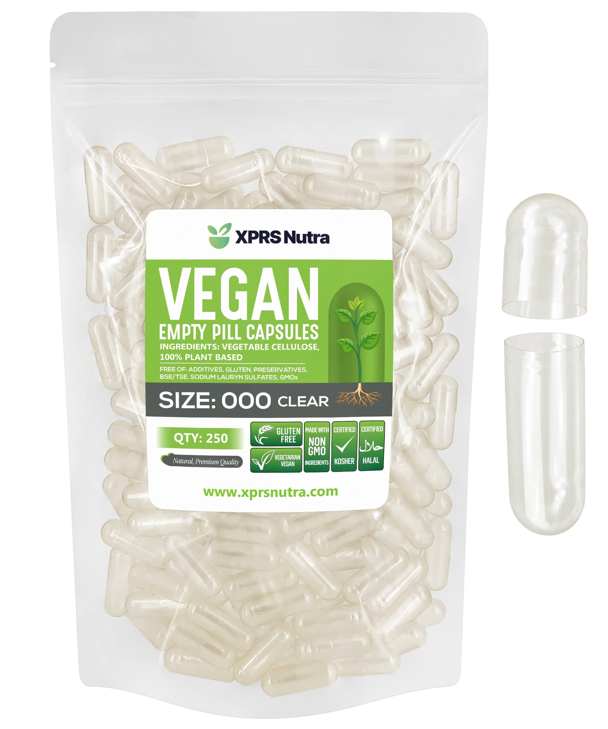Vegan Size 000 Empty Capsules - 250 Count Clear Empty Vegan Capsules - Vegetarian Pill - DIY Vegetable Capsule Filling - Veggie Pill Caps Pills