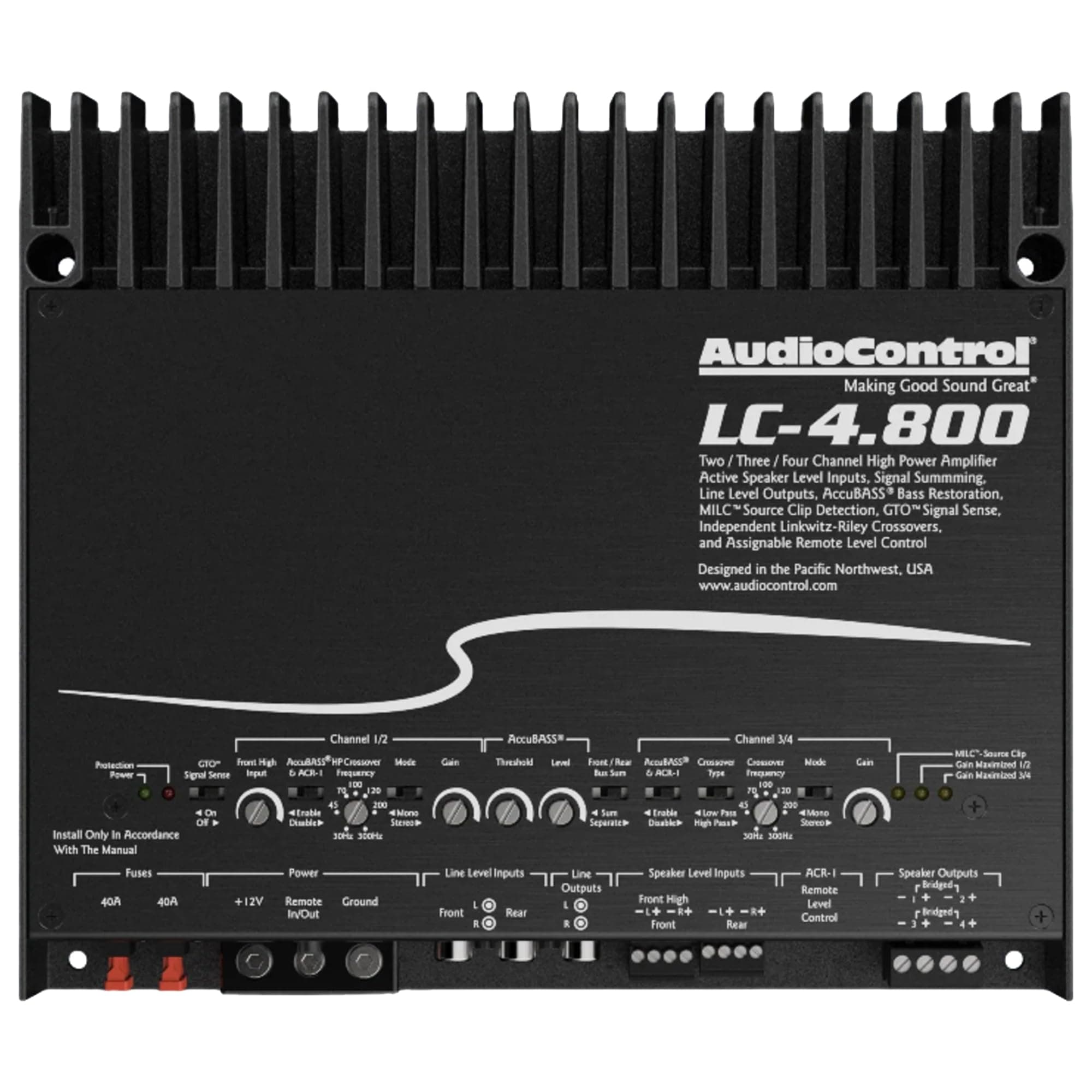 LC-4.800 High-Power 2/3/4-Channel 800W Class D Car Audio Amplifier with AccuBASS, High Fidelity, Line-Level RCA & Speaker Level Inputs, High & Low Pass Crossovers, Subsonic Filter