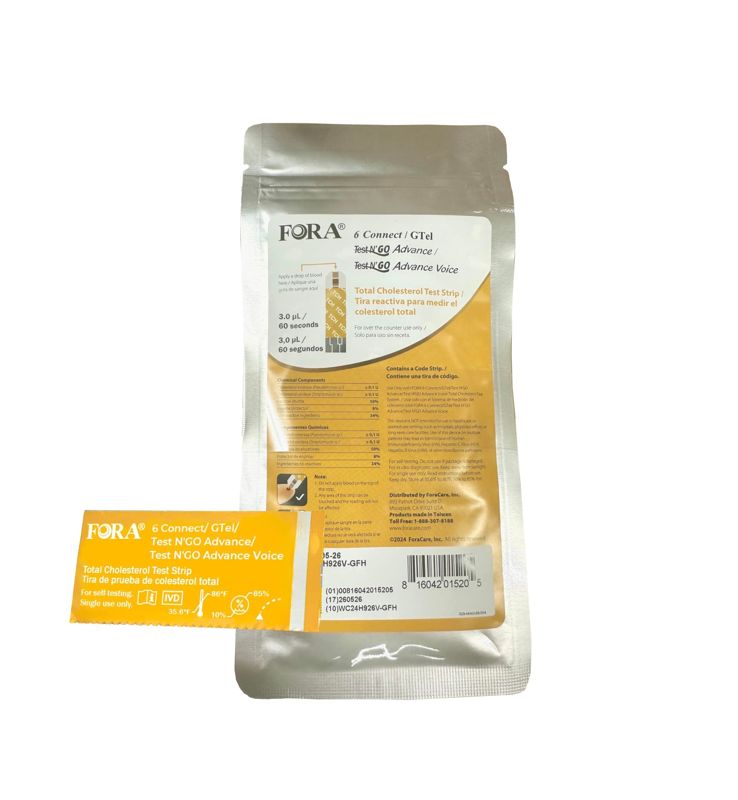 FORA Blood Total Cholesterol Test Strips (10pcs/Bag, Compatible with Test N'GO Advance/Test N'GO Advance Voice Meters)