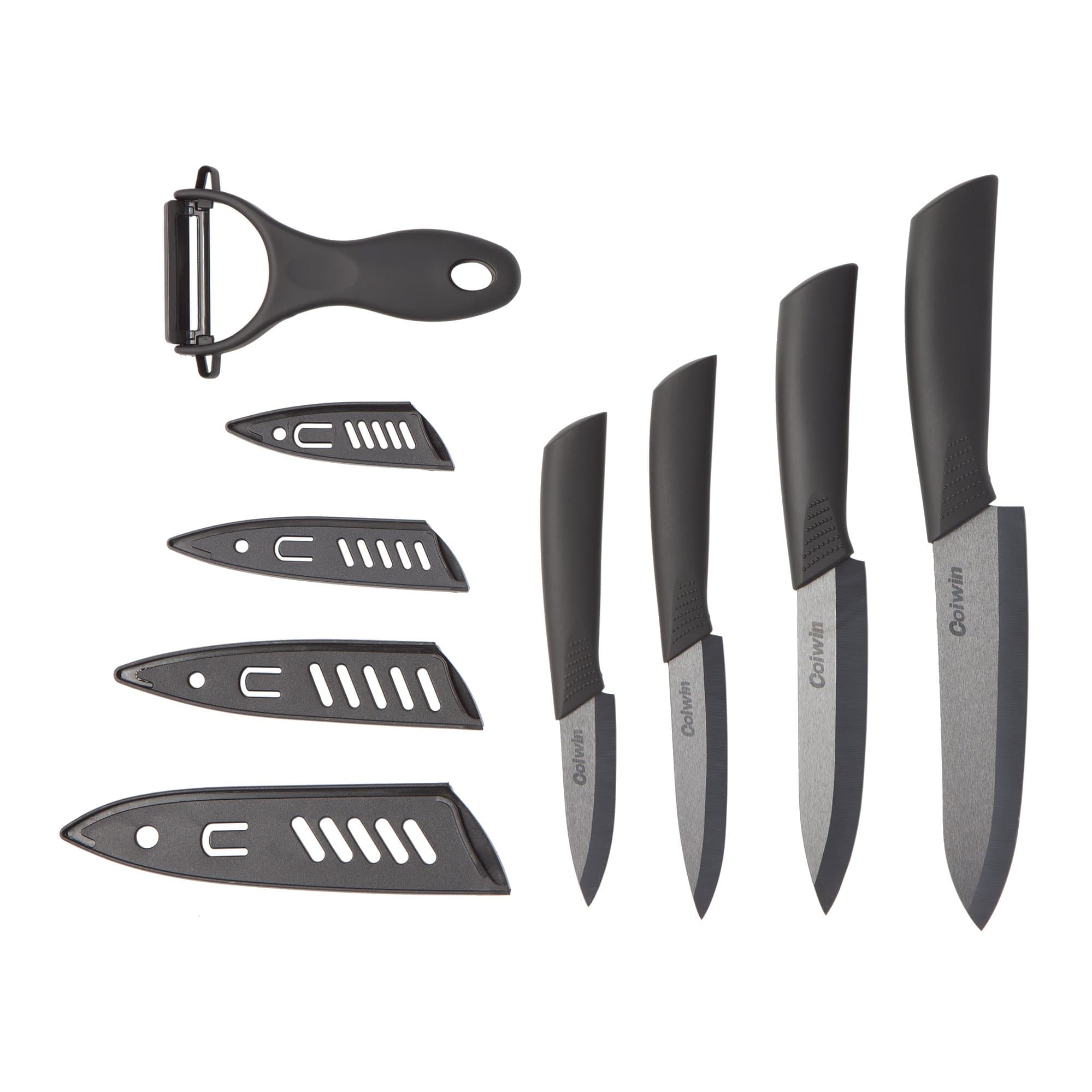 Knife Set Ceramic | Five Piece (Black) 6" Chef Knife, 5" Utility Knife, 4" Fruit Knife, 3" Paring Knife, One Peeler
