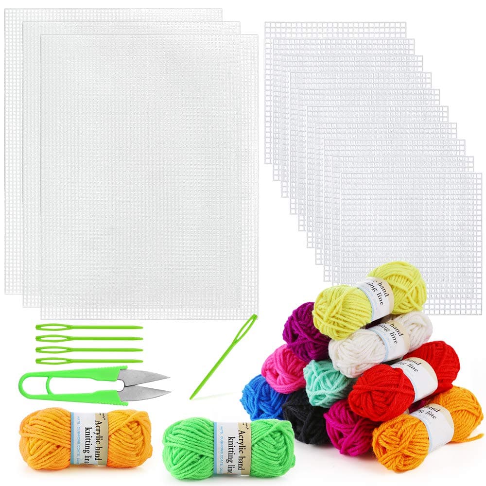Pllieay33 Pieces Mesh Canvas Sheets Kit - 15 Clear Plastic Sheets, 12 Color Acrylic Yarn, Embroidery Tools for Craft Projects