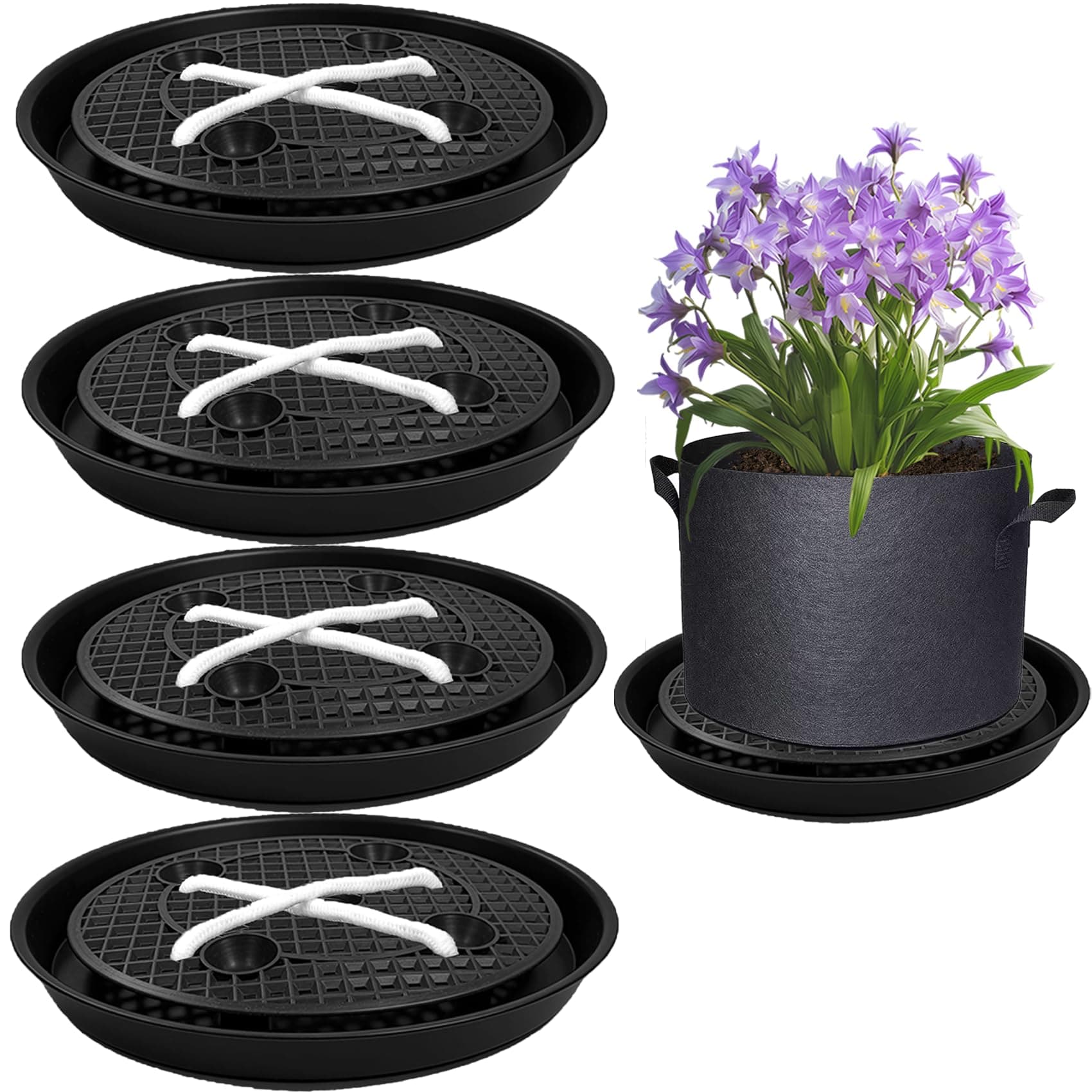 4 Pack Self Watering Fabric Pot Base 14 inch, Auto Pots Fit for 5 Gallon Grow Bags, Auto Watering Plant Saucer for Fabric Planters Plant Saucers Flower Pot Tray, 3 Year Warranty