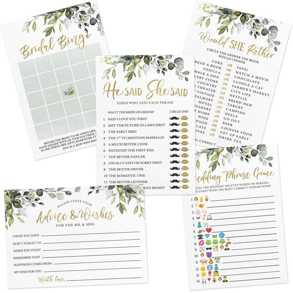 Printed Party Bridal Shower Game Set – 5 Fun Games and Activities for 50 Guests, Includes Bingo, Trivia, and Advice Cards, Botanical Eucalyptus Wedding Shower Games