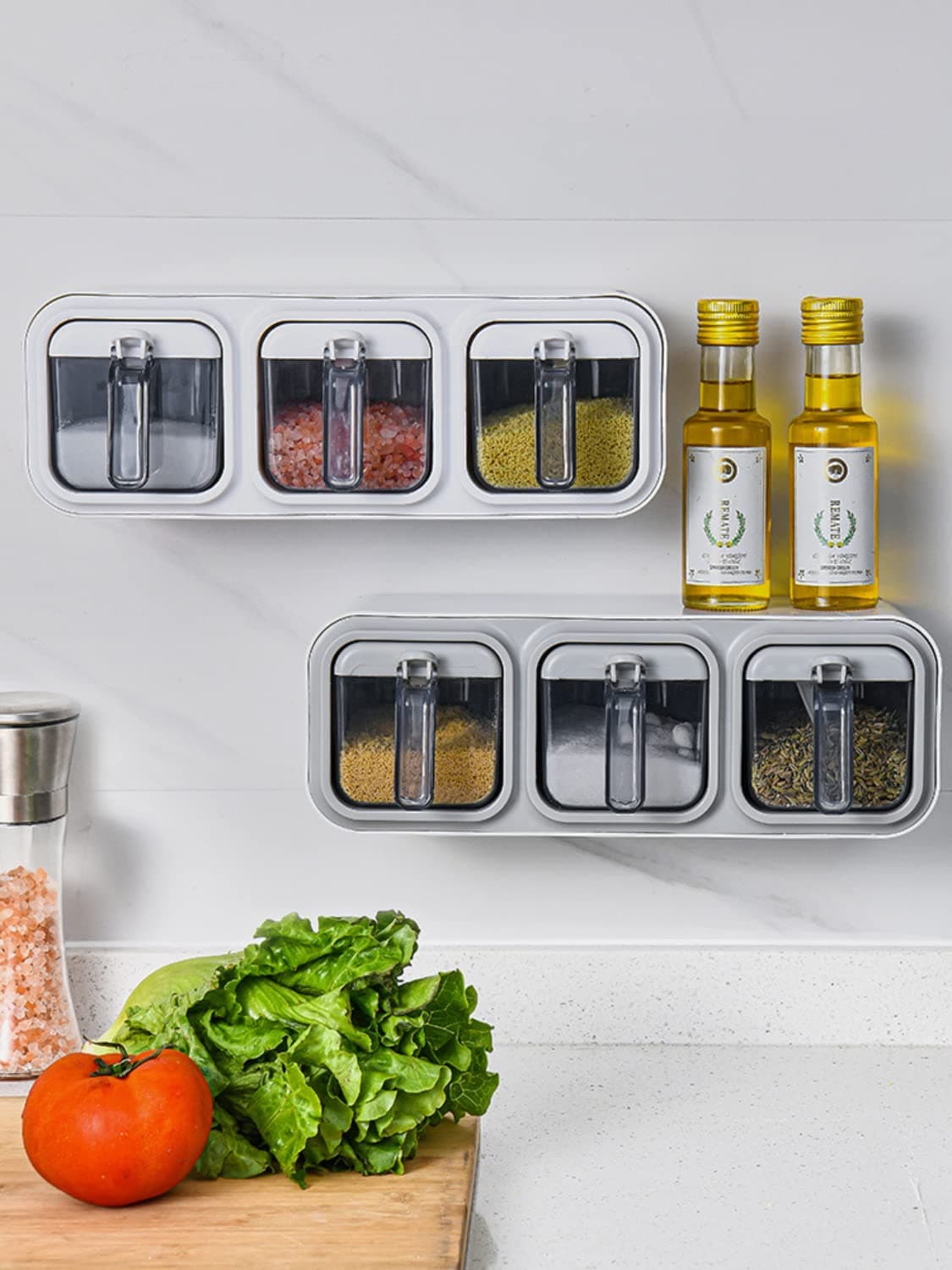 Triangle Wall Mounted Spice Jars with Handle, Cover & Spoon, Moistureproof Seasoning Box, Stackable Spice Organizer, Spice Tin, Dressing & Spice Dispenser Storage Container (3 Grid, White)