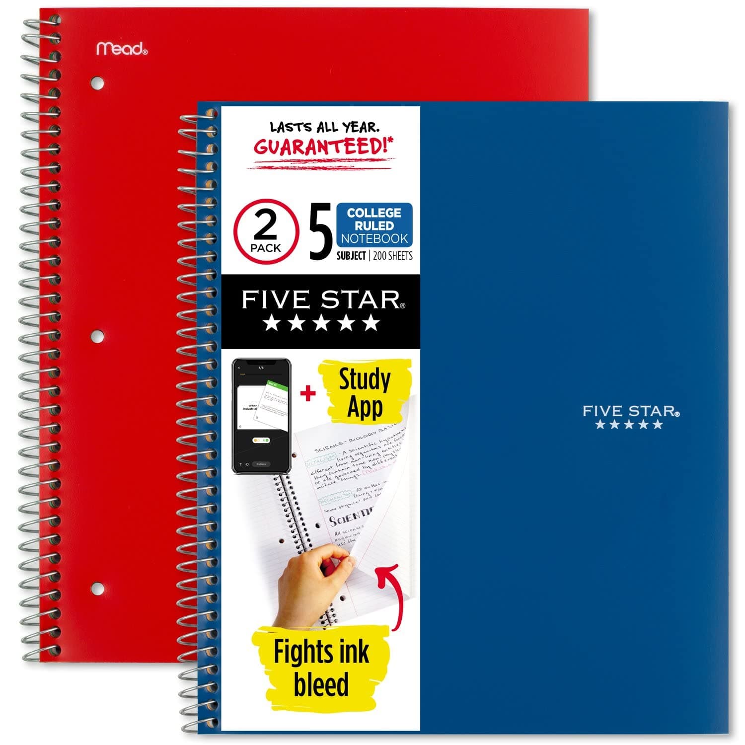 Spiral Notebooks + Study App, 2 Pack, 5 Subject, College Ruled Paper, 200 Sheets, 21.6 cm x 27.9 cm, Pacific Blue & Fire Red (38459)