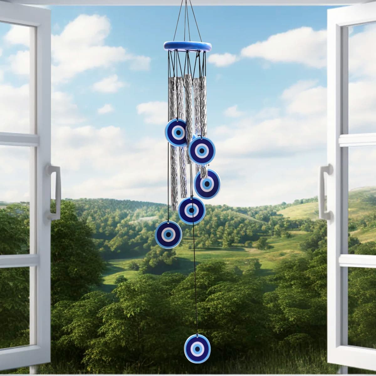 Evil Eye Wind Chime (27 Inch) | Protective Home Decor | Wall Hanging Decorati...