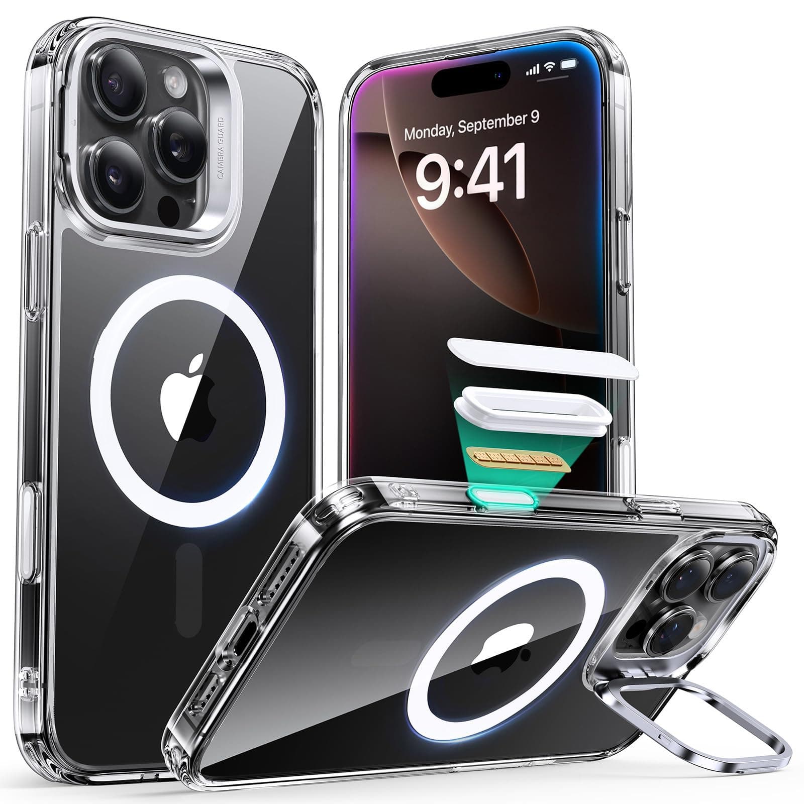 for iPhone 16 Pro Max Case, Camera Control, Compatible with MagSafe, Military-Grade Protective Case, Built-In Stash Stand Phone Case, Classic Series, Clear