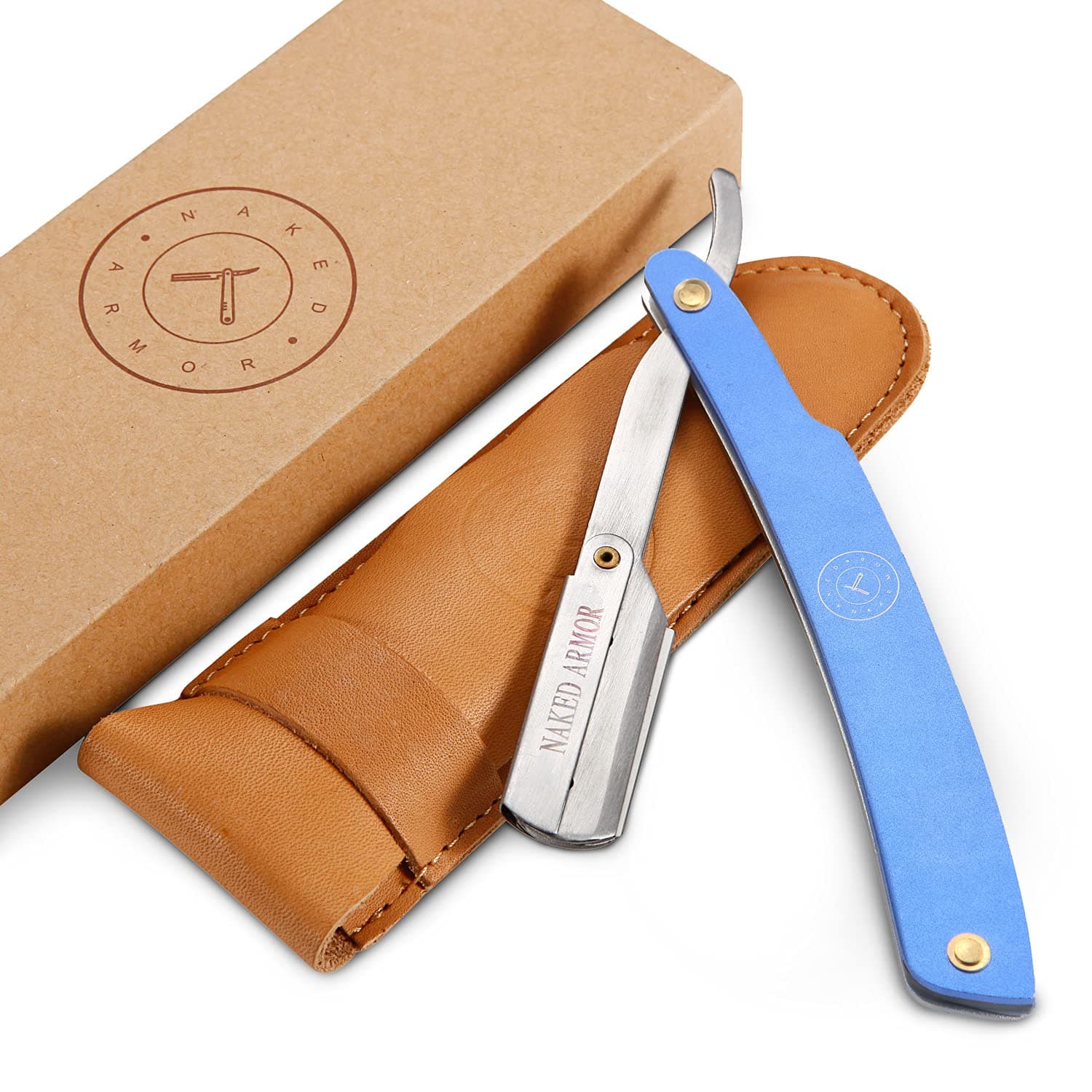 Best Shavette Straight Razor - Replaceable Blade Razor, Great For Beginners, Hygenic & Easy Care. No Stropping or Honing. Power Steel Handle. Close Shave Every Time. Leather Case, Starter Blade (Blue)