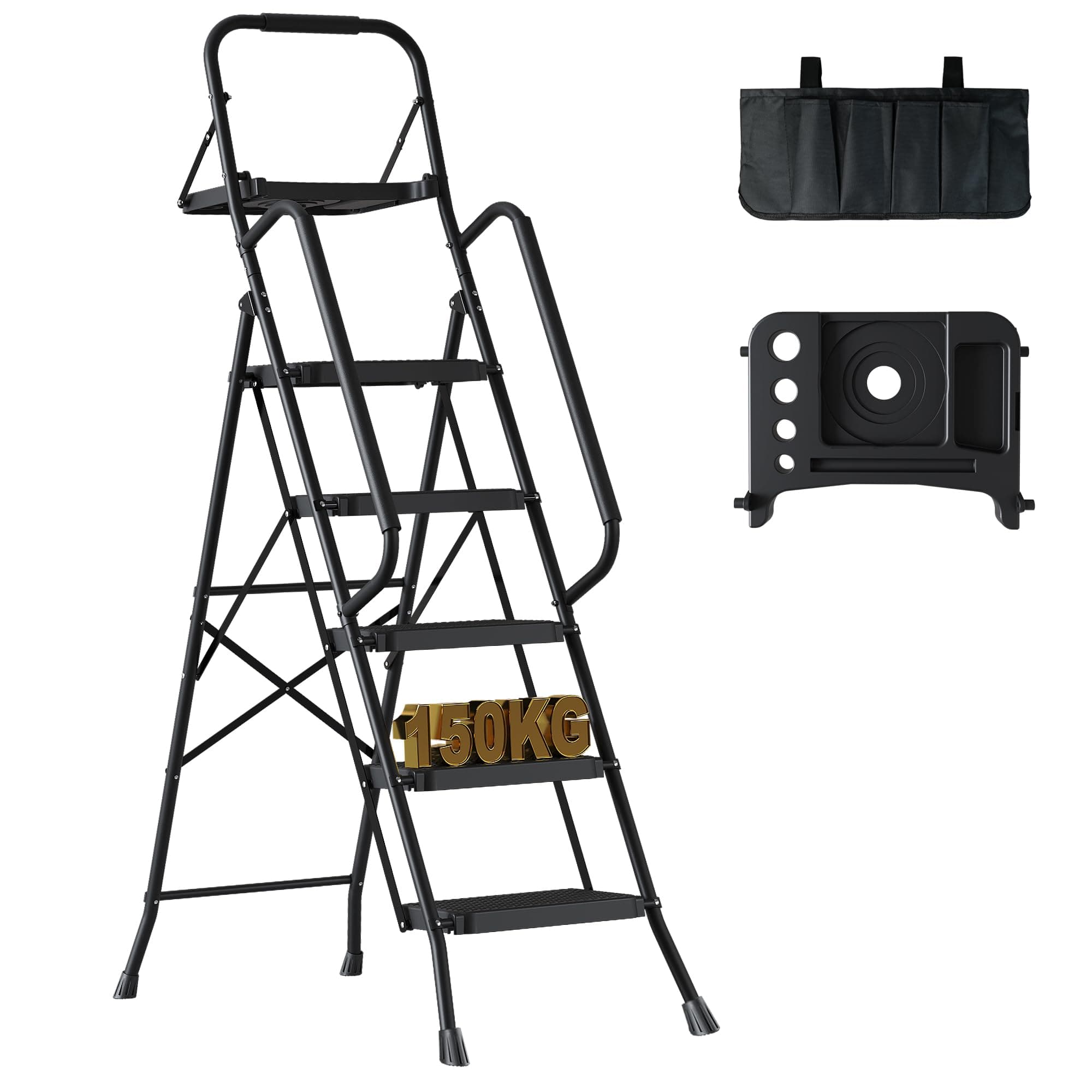 5 Step Ladder with Tool Bag and Tray, Folding Step Ladder with Wide Anti-Slip Pedals, Handrails and Soft Grip, Foldable Metal Step Stool for Kitchen, Pantry, Garage, Up to 150KG, Black