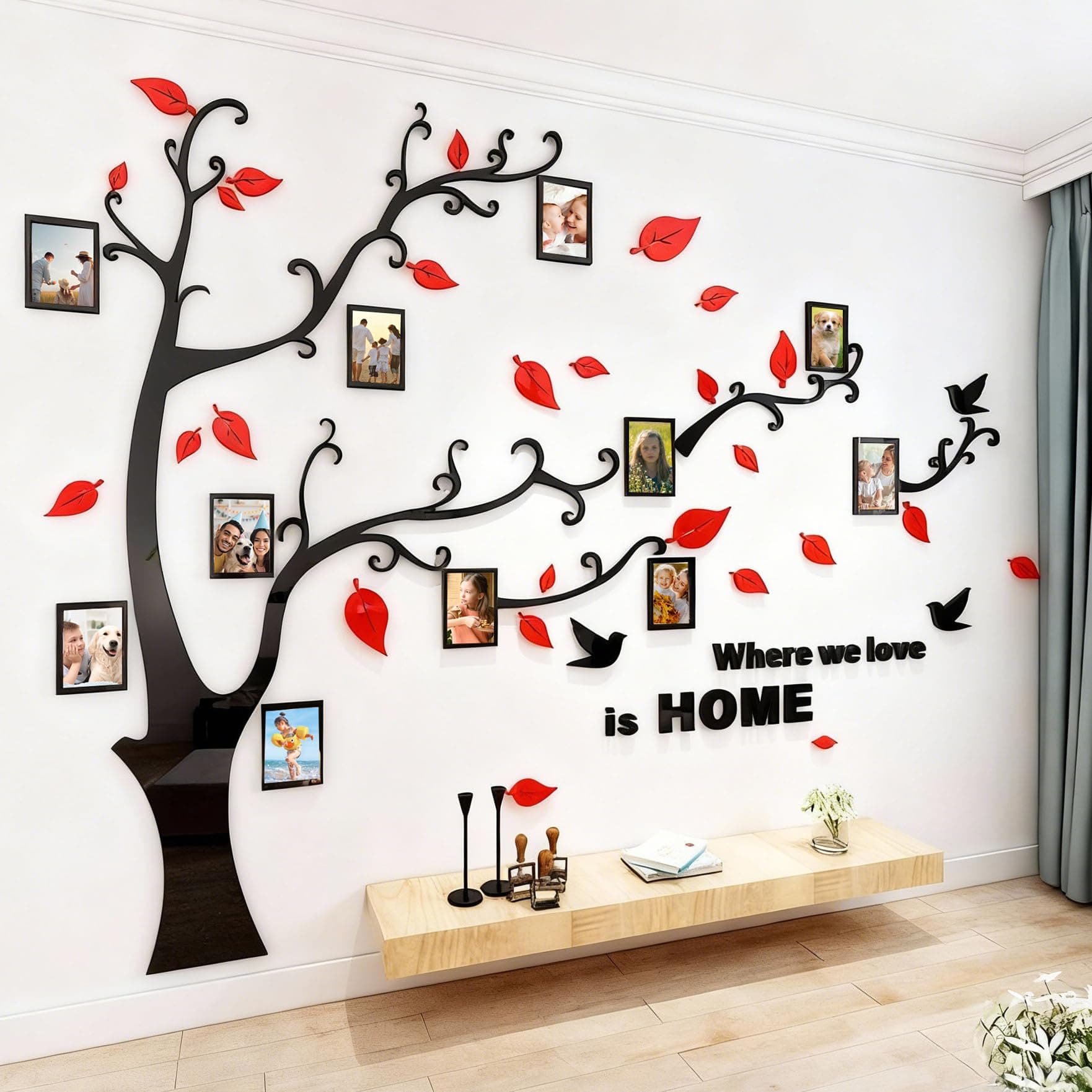 3D Tree Wall Stickers - DIY Photo Frame Tree Wall Decal Family Photo Frame Sticker Murals Wall Decor Living Room Bedroom TV Background Home Decorations (M:83 * 59in,Red Right)