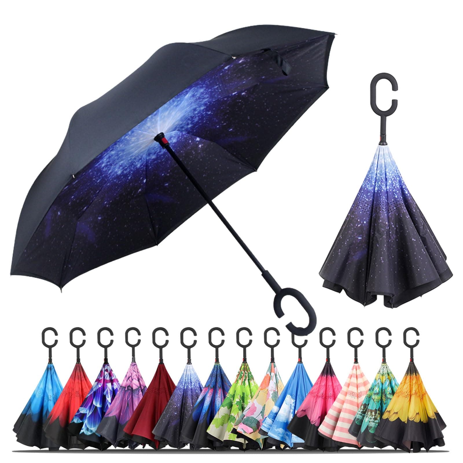 Windproof Inverted Umbrella, Large Reverse Umbrellas for Rain with C-shaped Handle Big Upside Down Inside Out Umbrella for Women & Men