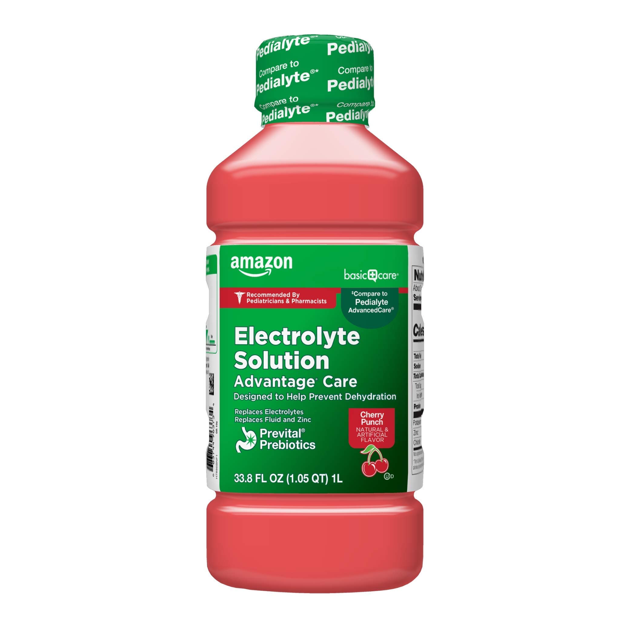 Amazon Basic Care Electrolyte Solution Advantage Care with PreVital Prebiotics, Cherry Punch, Designed to Help Prevent Dehydration, Replaces Electrolytes, Fluid and Zinc, 33.8 fl oz (Pack of 1)