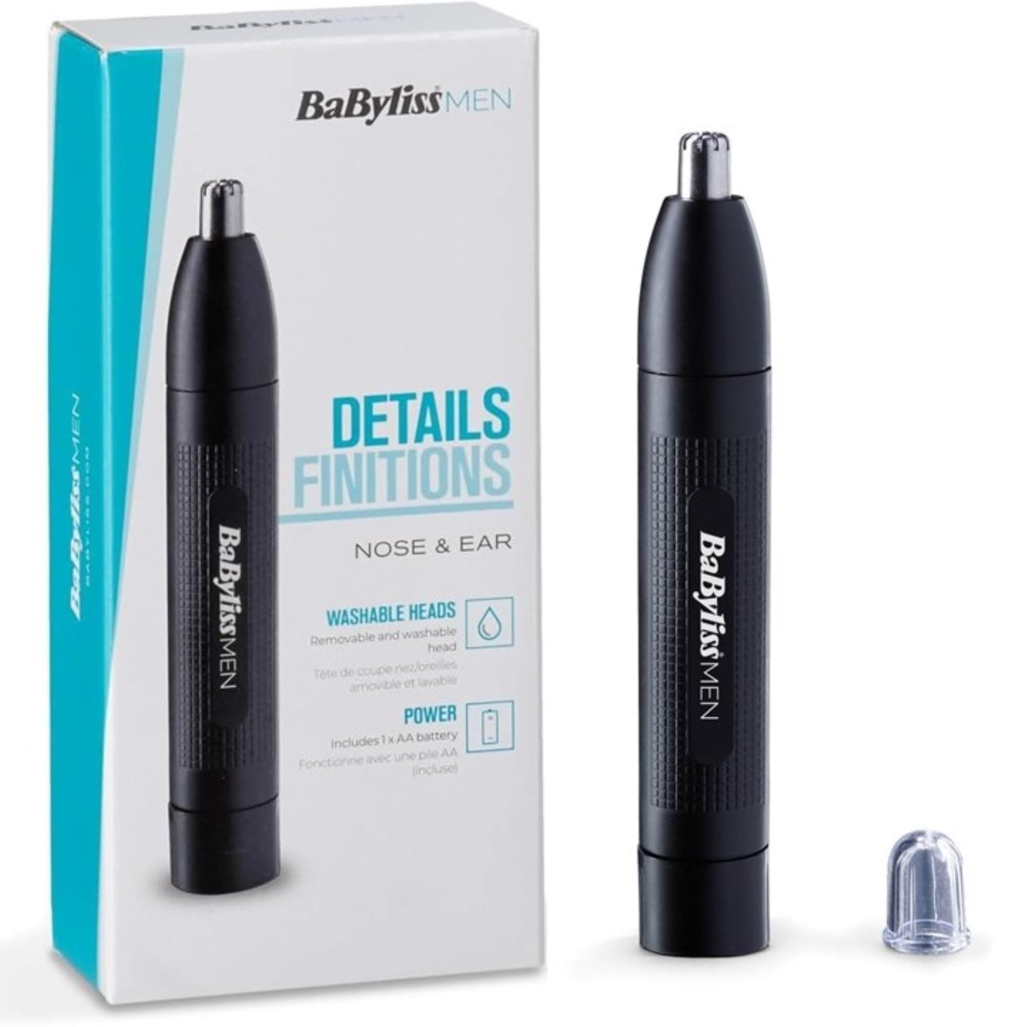 Nose and Ear Trimmer - Precision 2 Blade System, Battery Operated, Stainless Steel, Easy-clean Removable Attachments, Black, E650E