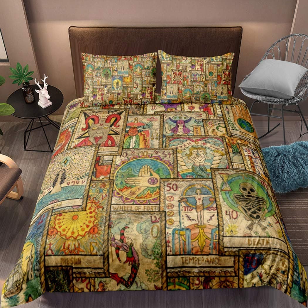 Mysterious 3D Retro Bedding Sets Witch Wiccan Fortune-Telling Elements Tarot Cards Pattern Duvet Cover Set Queen Size 3 Pieces with Zipper for Kids Teens Adults No Comforter