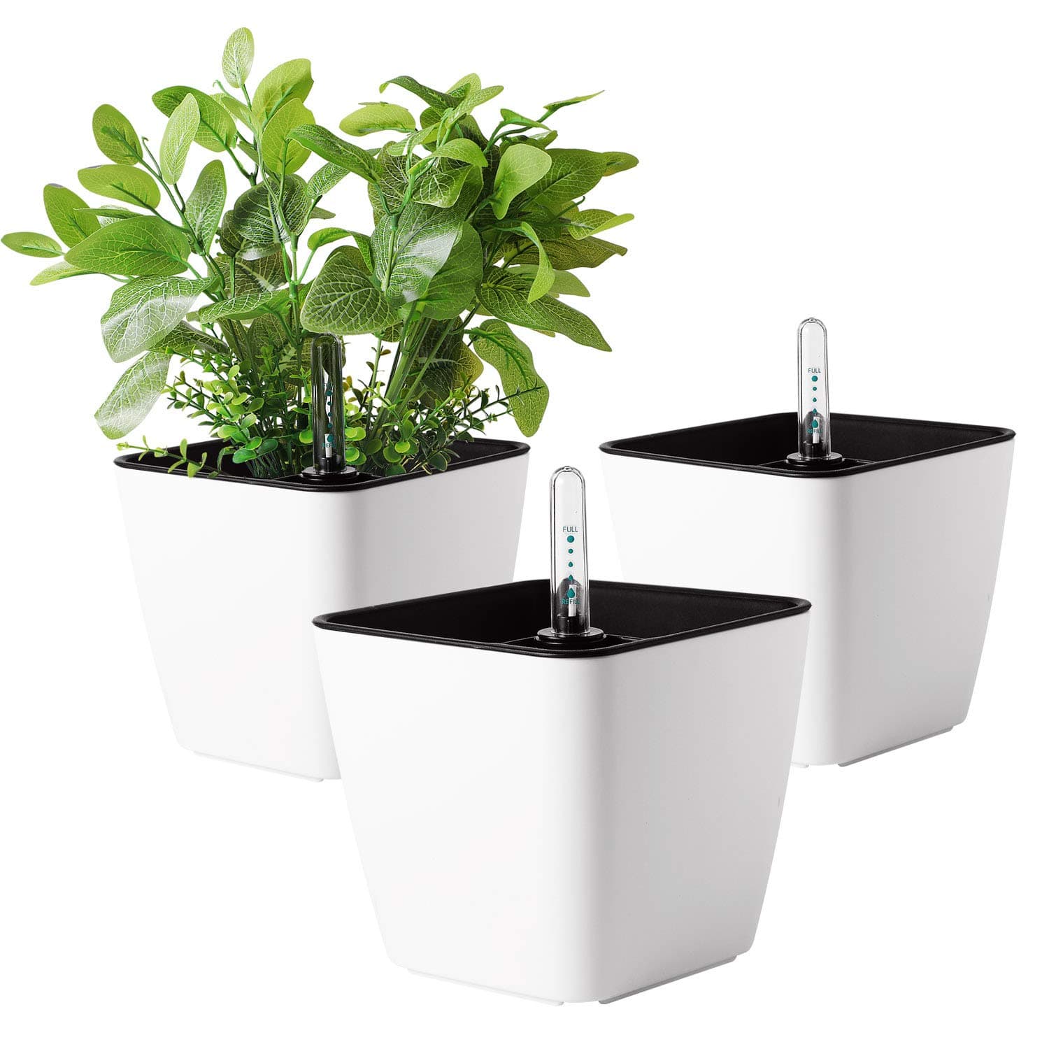13CM Self Watering Plastic Planter with Water Level Indicator Pack of 3 - Matte White, Modern Decorative Planter Flower Pot for House Plants, Herbs, Aloe, African Violets, Succulents and More