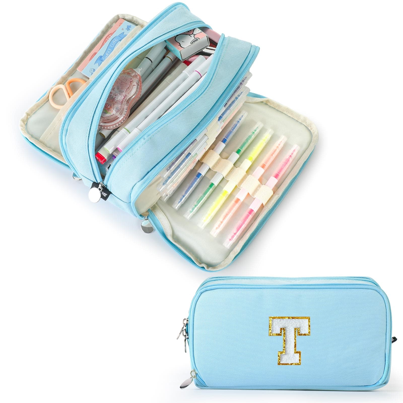 Extra Large Capacity Pencil Case 3 Compartment Initial Pencil Pouch Personalized Cute Aesthetic Stationery Pen Case Bag for School Teen Girl Boy Men Women Gift (T, Blue)