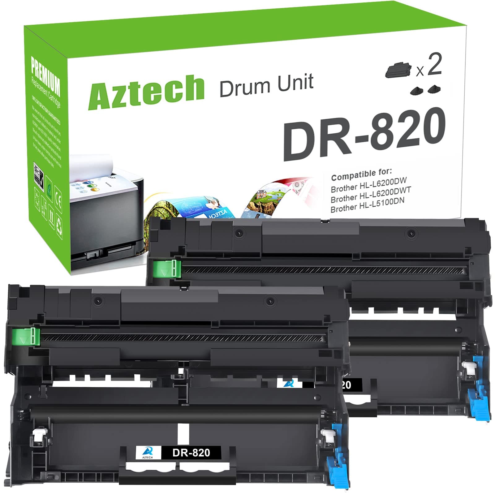 A Aztech AZTECH 2PK 30000 High Yield Drum DR820 DR-820 DR 820 Drum Unit HL-L6200DW MFC-L5900DW Compatible Brother HLL6200DW HL-L6200DWT HL-L5100DN HL-L5200DW MFC L5850DW L6800DW Laser Printer Drum Uni