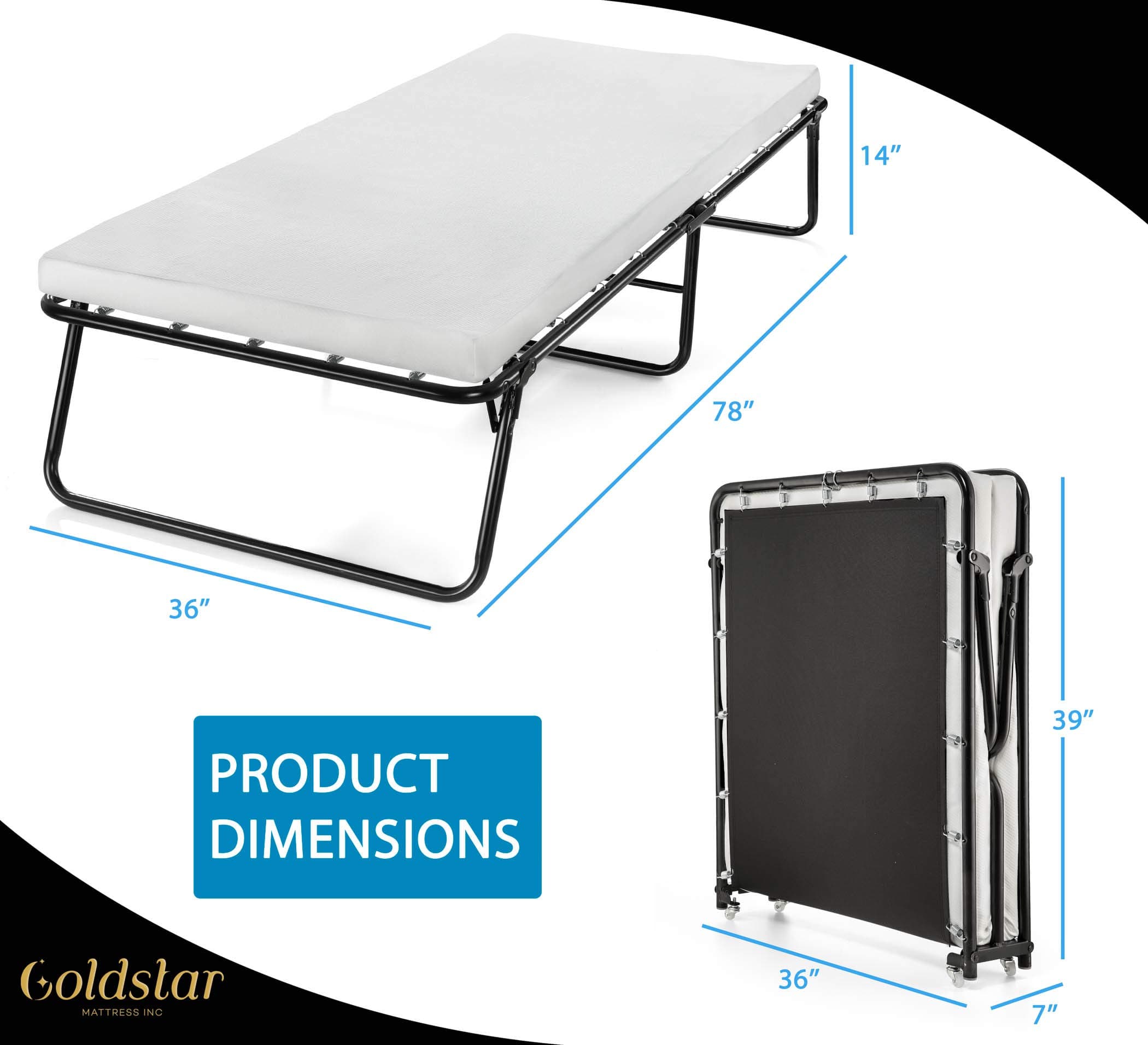 Large Rollaway Folding Guest Bed with 3-Inch Memory Foam Mattress – Ultra Soft and Comfy Folding Bed – Easy Storage Rolling Cot with Dual Caster Wheels - (36 x 78)