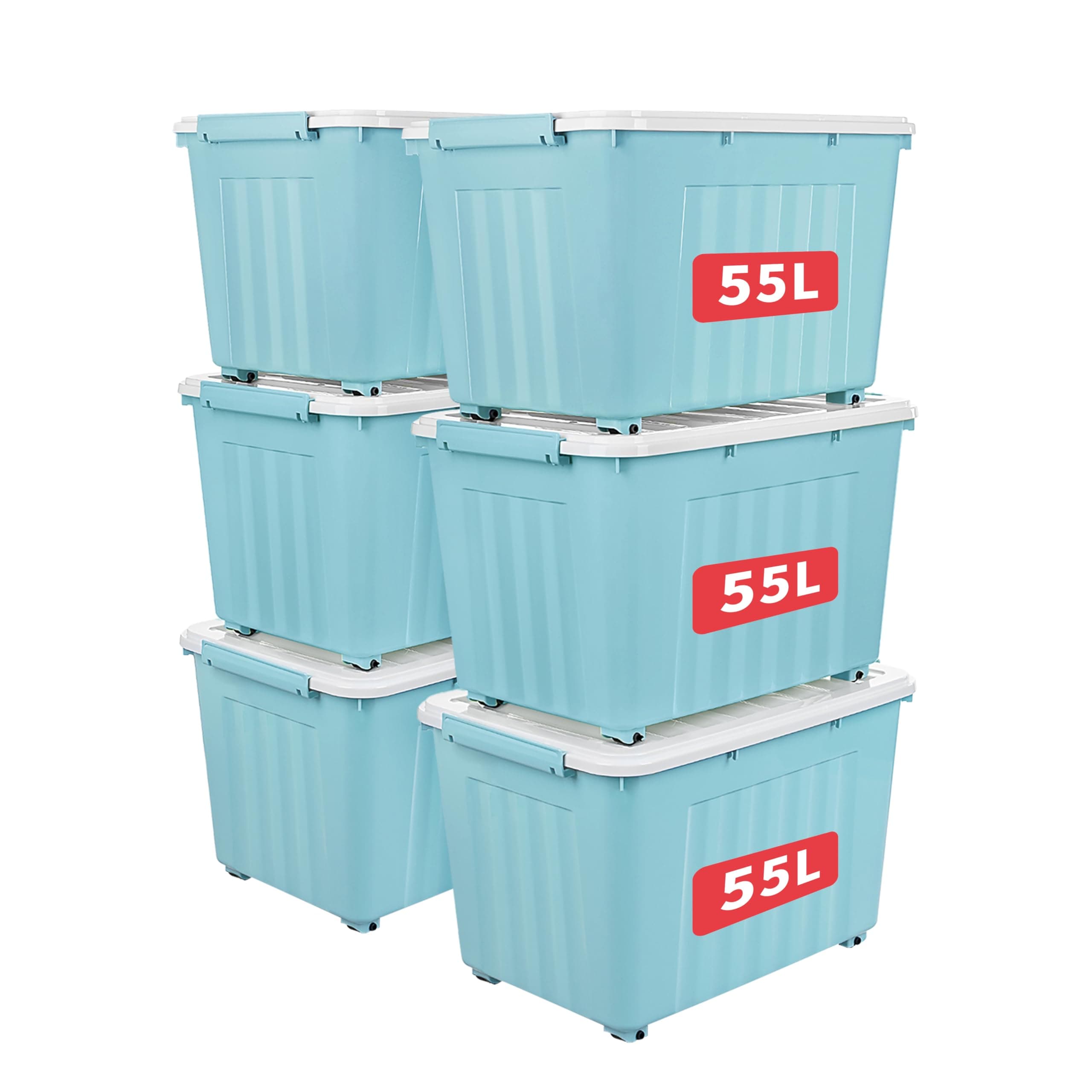 Cetomo 55L*6 Storage Boxes with Wheels, Plastic Storage Box with Lid, Latching Buckles, Click Closure, Stackable, Nesting, Durable Organizer for Home Office Clothes, Blue, 55L-6 Pack