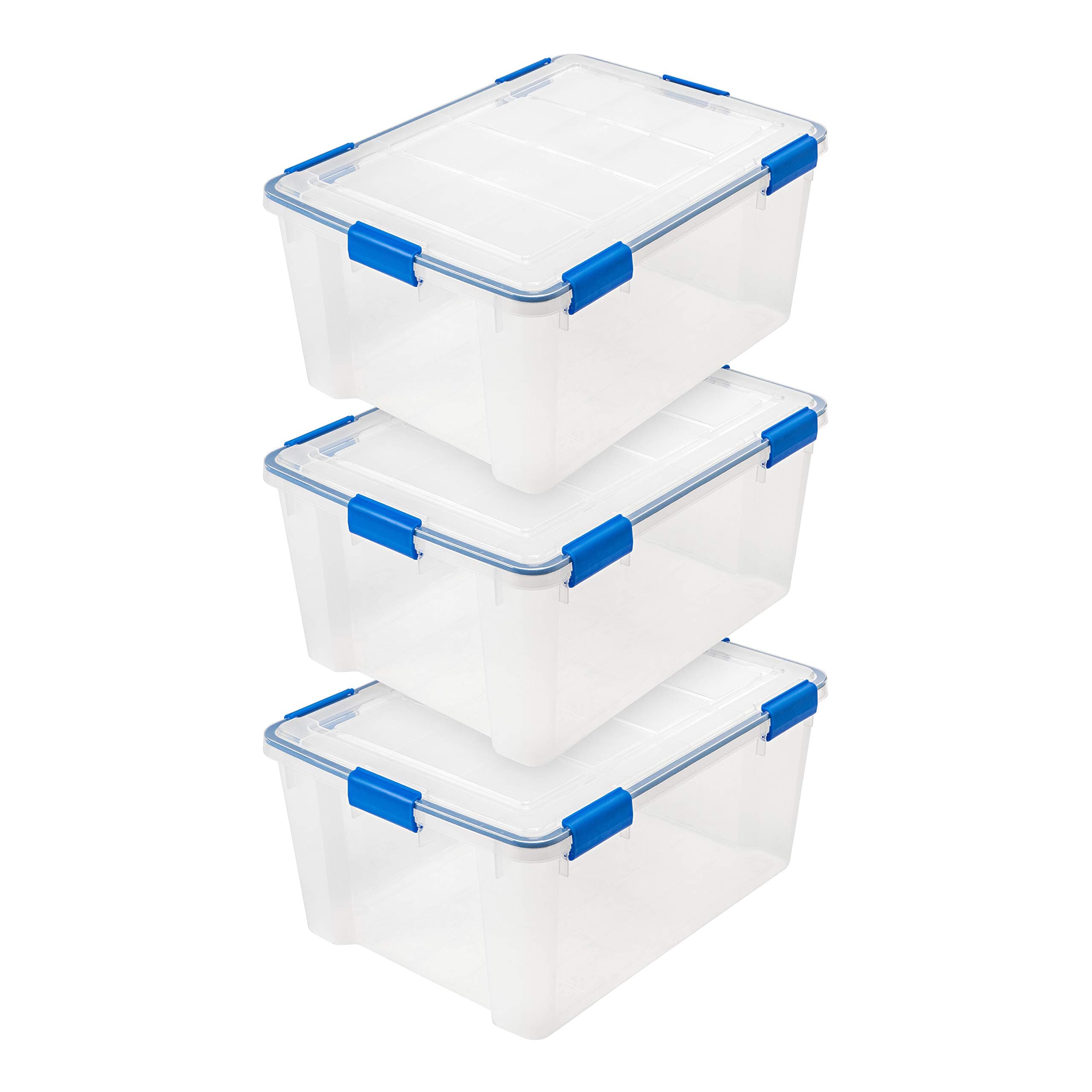 Iris Ohyama USA 60 Quart WEATHERPRO Plastic Storage Box with Durable Lid and Seal and Secure Latching, Clear With Blue Buckles, Weathertight, 3 Pack