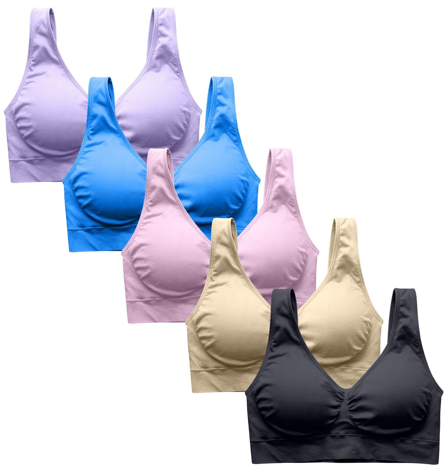 Womens Cozy Bra Seamless Wire free Pullover Bra Sleeping Bralette Black/Nude/Pink/Lightpurple/blue,XL for 34D/DD 36A/B/C 38B/C,5 Pack