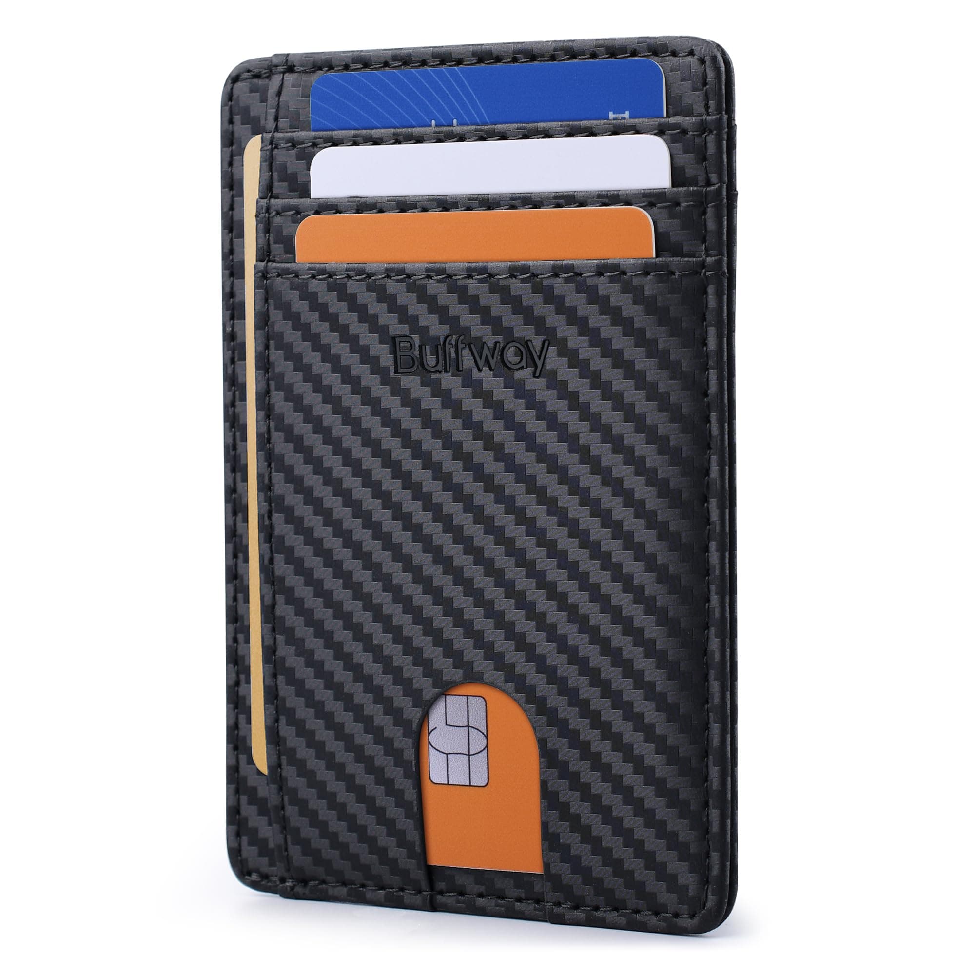 Slim Minimalist Front Pocket RFID Blocking Leather Wallets for Men and Women - Carbon Fiber Black