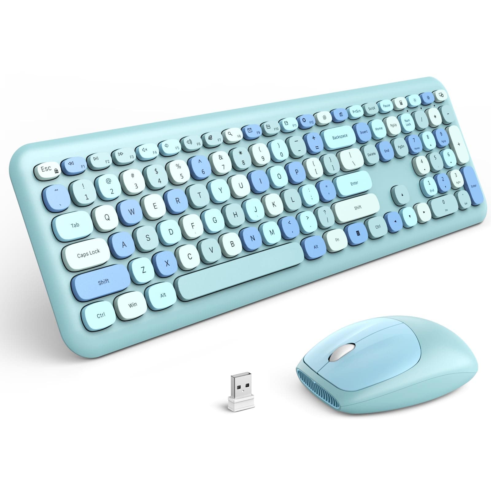 Wireless Keyboard and Mouse Combo, 2.4G Slim Full-Sized Ergonomic Keyboard Mouse for PC Desktop Laptops Windows (Blue Colorful)