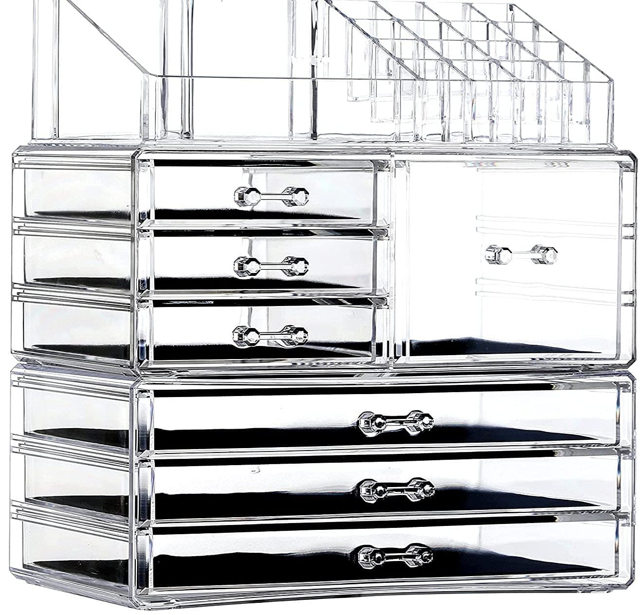 3 Pack Clear Make Up Organizers for Vanity,Stackable 7 Drawers Make Up Organizer,Cute Desk Organizer for Vanity Jewelry,Hair Clip,Beauty,Skincare Product Dresser Acrylic Drawer Organizer