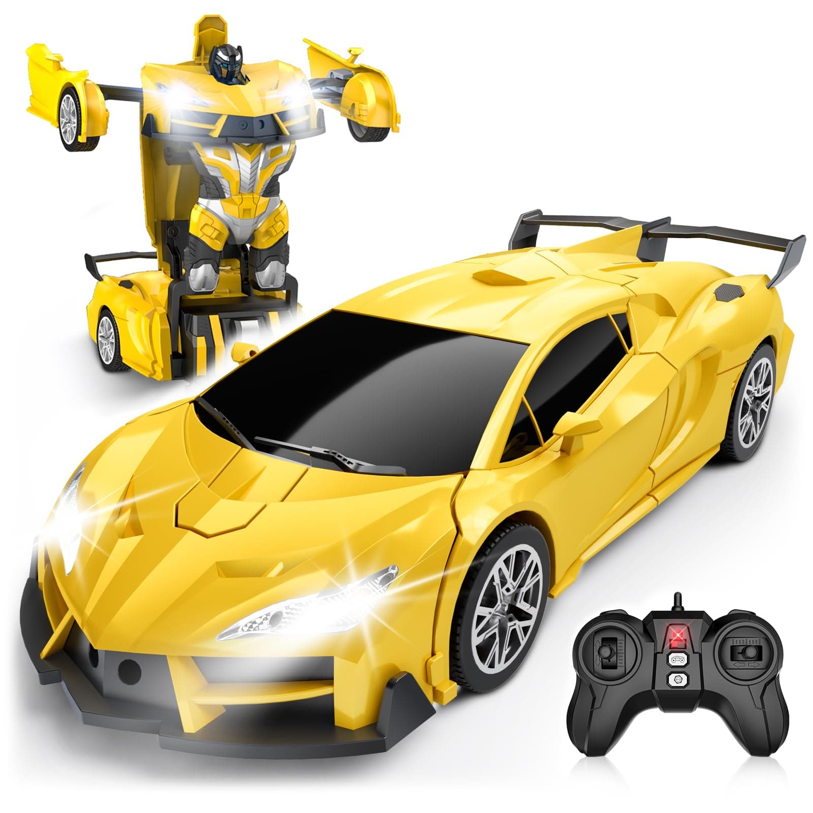 Remote Control Car Transforming Robot RC Car with Cool LED Headlight 2.4Ghz Toy Car 360 Degree Rotation One Button Transformation Boy Girl Christmas Birthday Gift (Yellow)