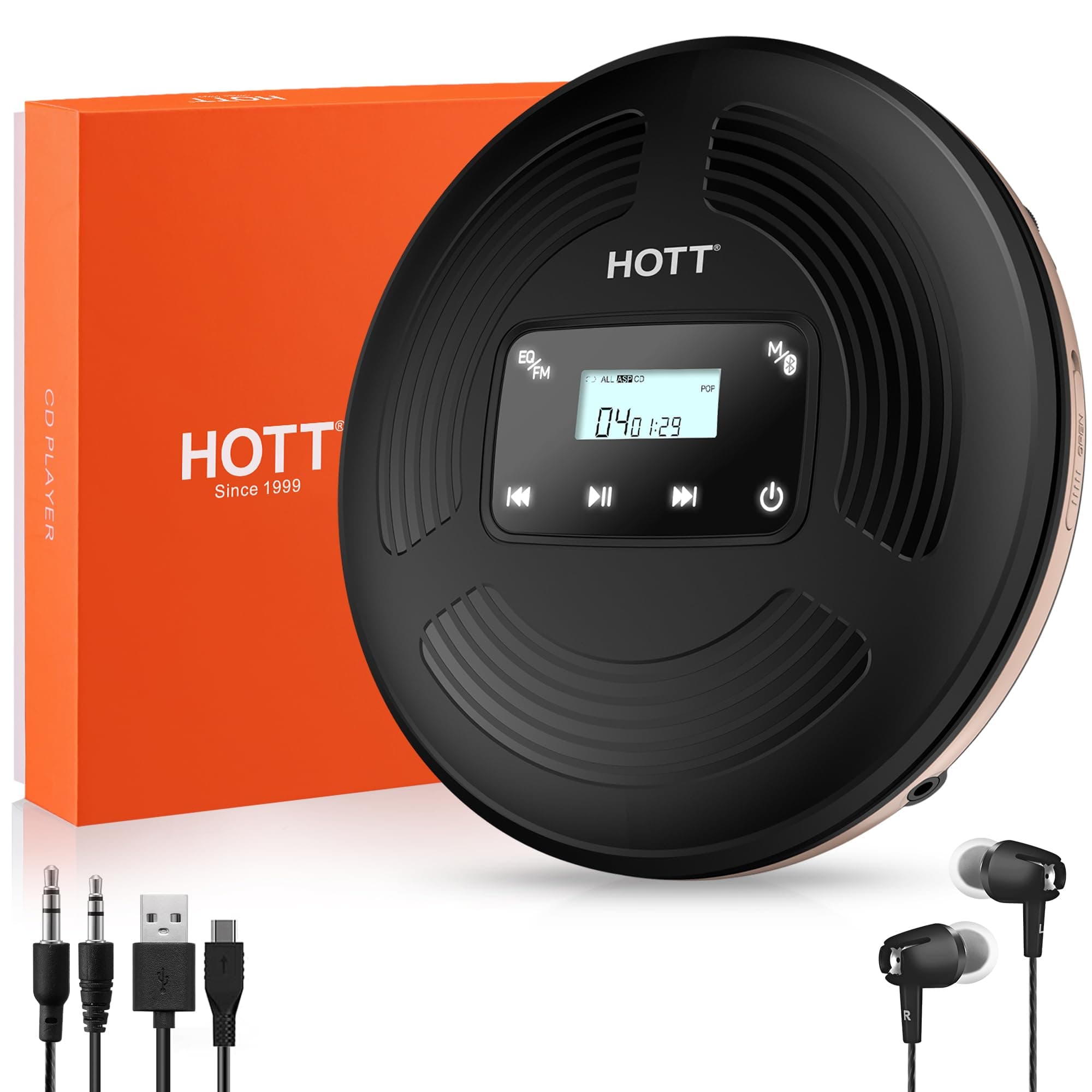 Portable CD Player Bluetooth with FM Transmitter cd Player for Car with LCD Screen Anti Shock Protection CD Player Rechargeable with Headphone Touch Button AUX Cable