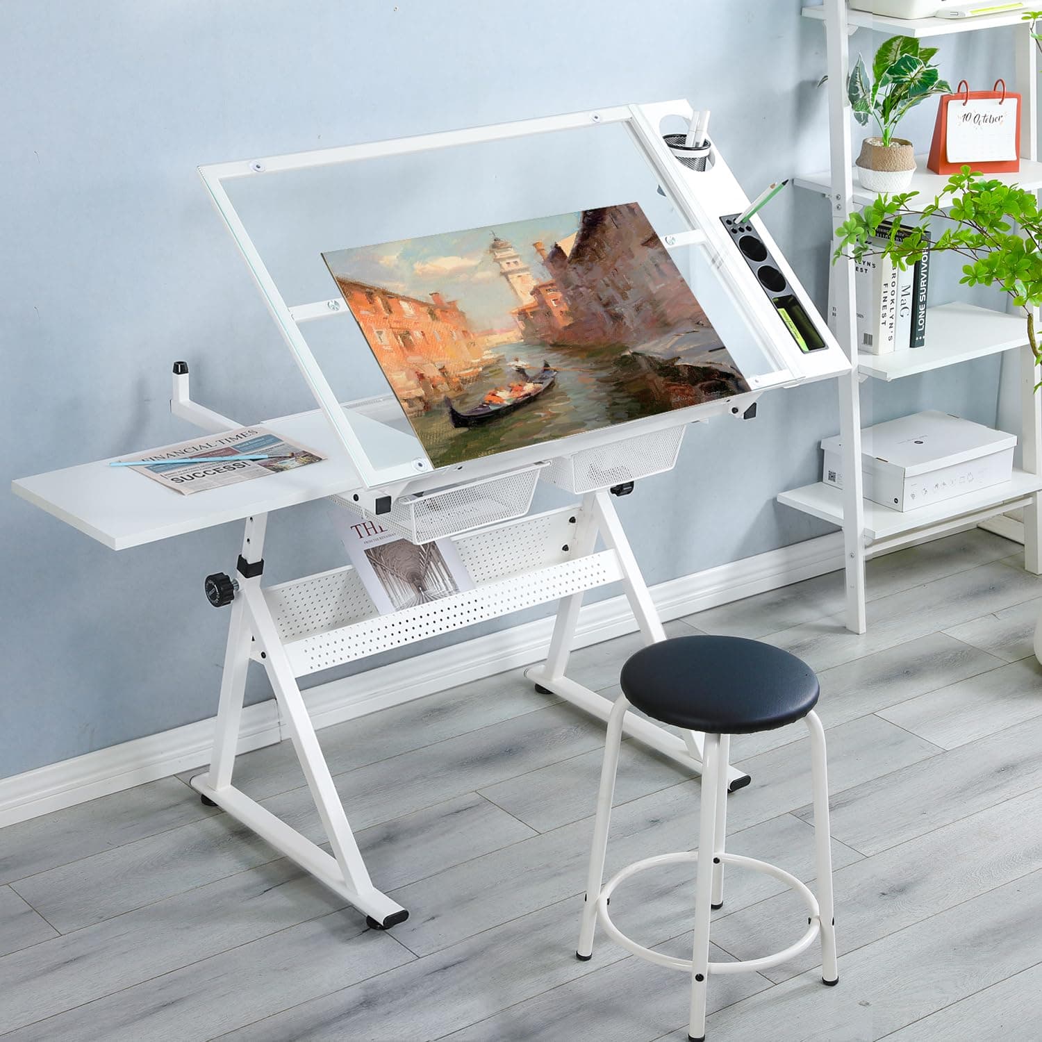 LIFE SKY Drafting Table Adjustable for Artists - Art Drawing Desk with Storage for Painting Sketching - Glass Top for Painters Illustrators Cartoonists White