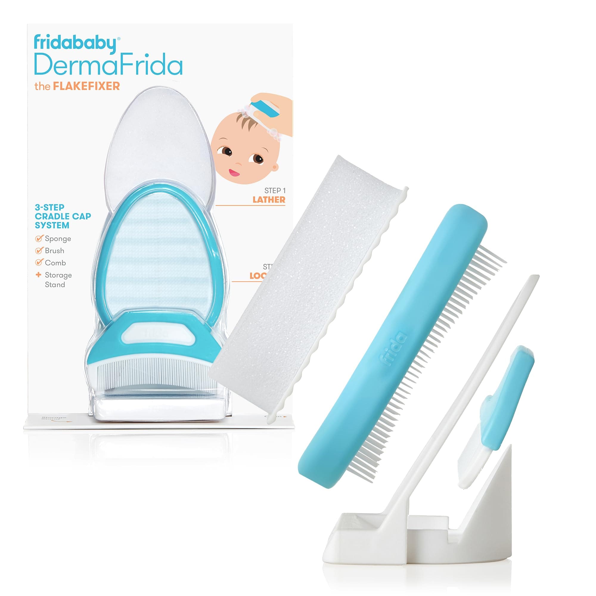 Frida Baby The 3-Step Cradle Cap System By | Dermafrida The Flakefixer | Sponge, Brush, Comb And Storage Stand For Babies With Cradle Cap