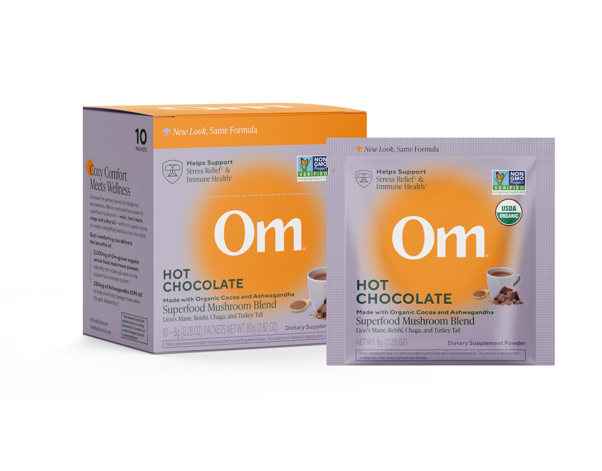 - OM MUSHROOM SUPERFOOD Hot Chocolate Blend – Dutch Cocoa Mushroom Powder with Lion’s Mane, Reishi, Chaga & Turkey Tail – Focus, Calm & Stress Support – 2g Sugar, 25 Calories – Single Serve (10 Count)