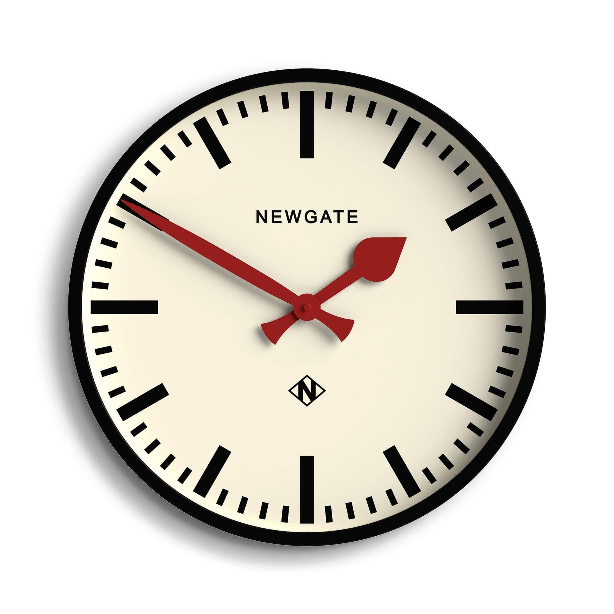 NEWGATE® Universal wall clock | Large modern vintage station clock | 43cm | Deep matt black metal case with red metal hands | Mid-century style for kitchen, living room or office
