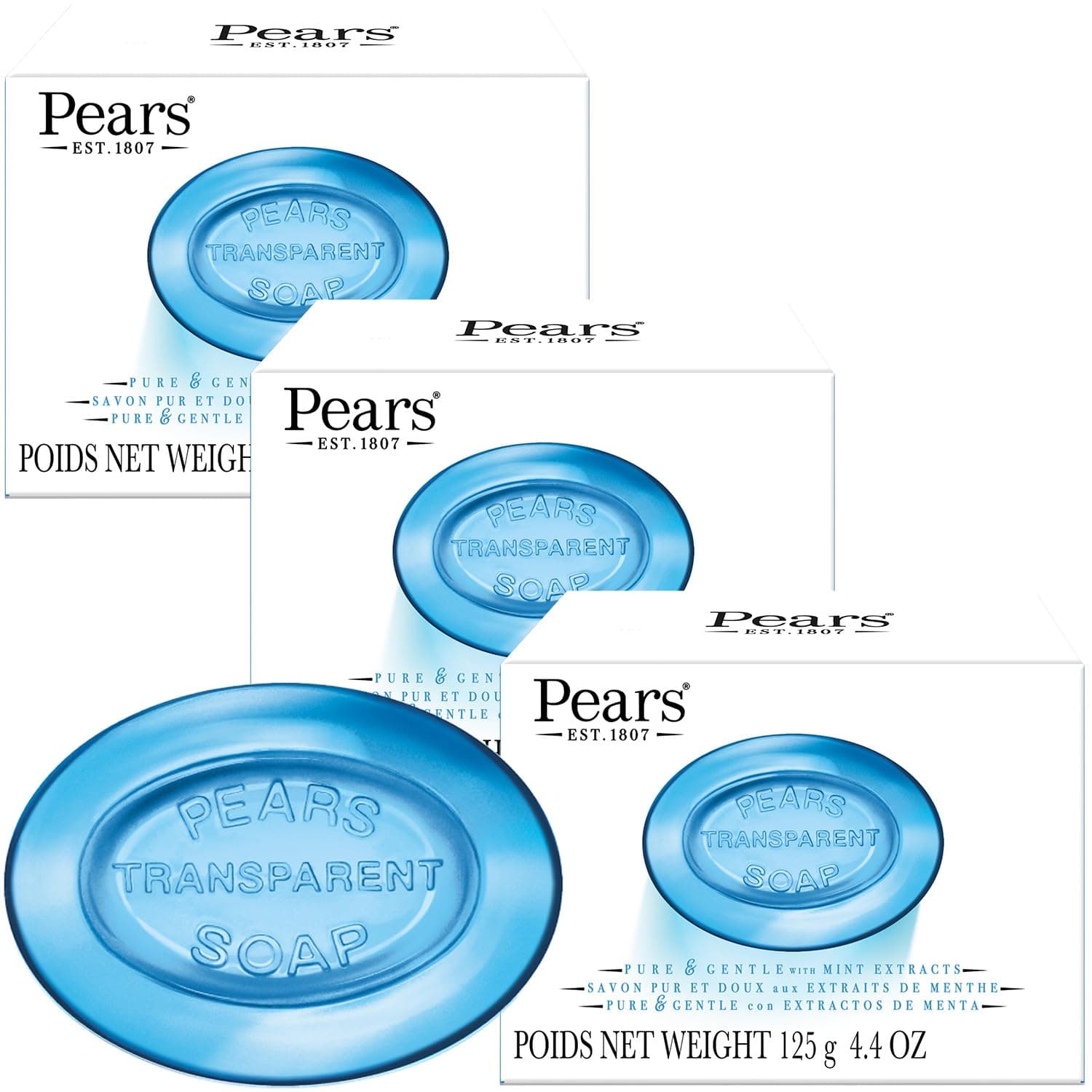 Pears Soap, Pure & Gentle with Mint Extract 3-Pack – Transparent Blue Glycerin Soap for Cool, Refreshed Skin, 4.4 Oz Ea