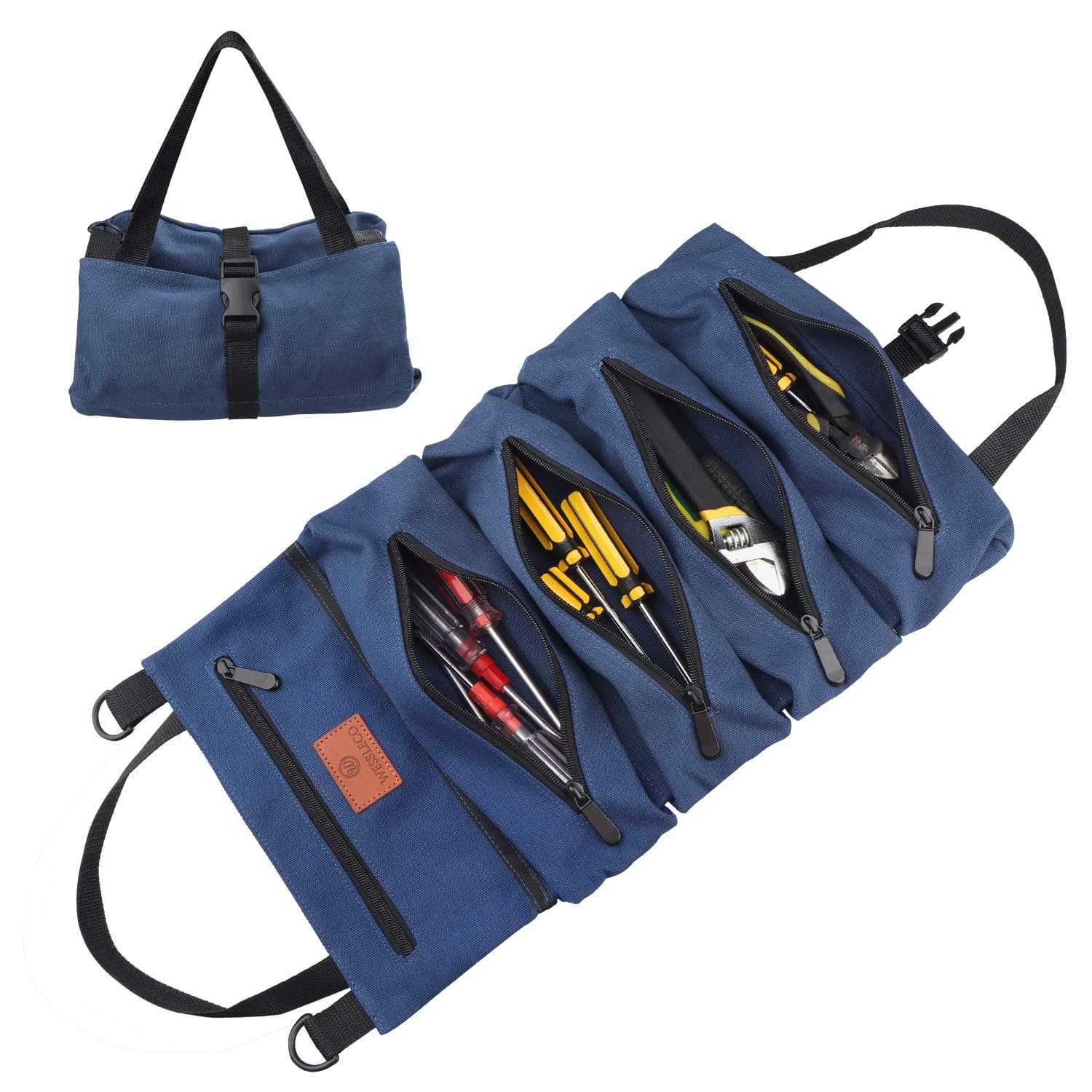 FIREDOG Roll Up Tool Bag, Wrench Roll Up Pouch Multi-Purpose Canvas Tool Roll Organize (Blue)